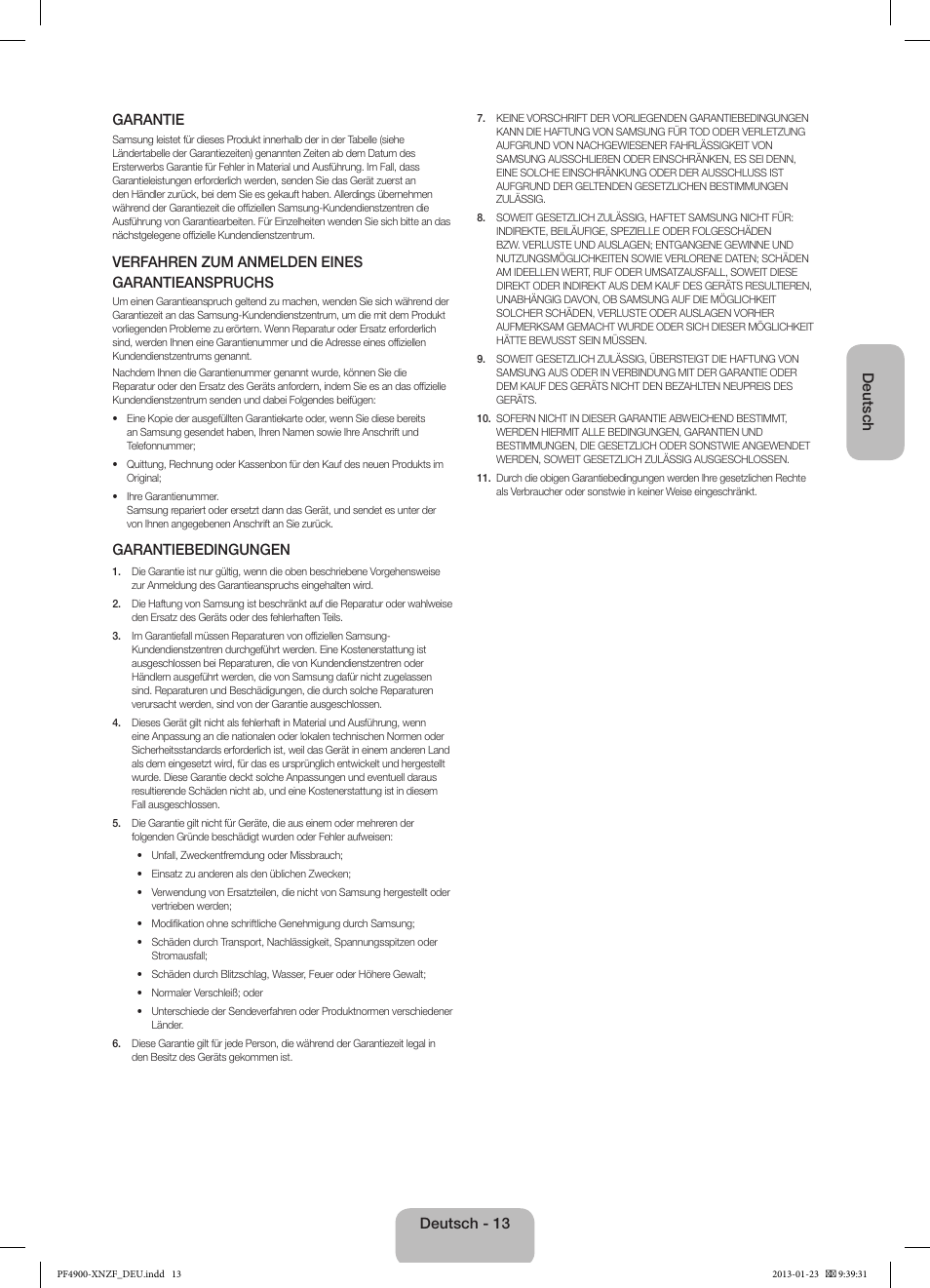Deutsch garantie, Verfahren zum anmelden eines garantieanspruchs, Garantiebedingungen | Deutsch - 13 | Samsung PS43F4900AW User Manual | Page 53 / 81