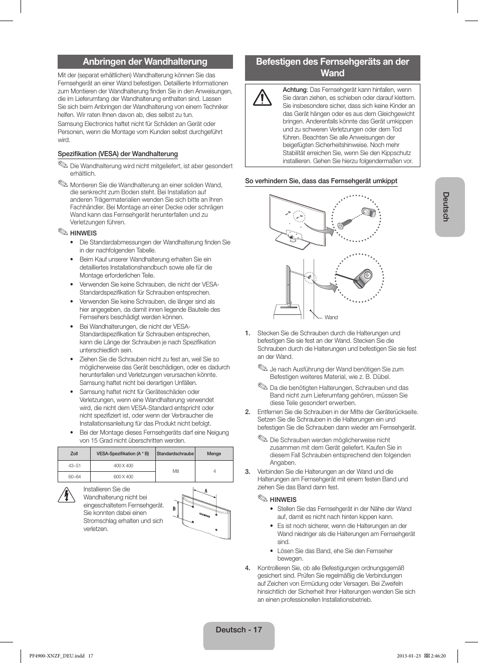 Anbringen der wandhalterung, Befestigen des fernsehgeräts an der wand | Samsung PS43F4900AW User Manual | Page 57 / 81