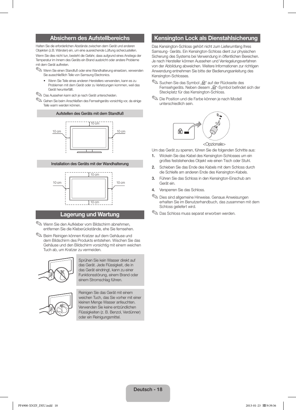 Absichern des aufstellbereichs, Lagerung und wartung, Kensington lock als dienstahlsicherung | Samsung PS43F4900AW User Manual | Page 58 / 81