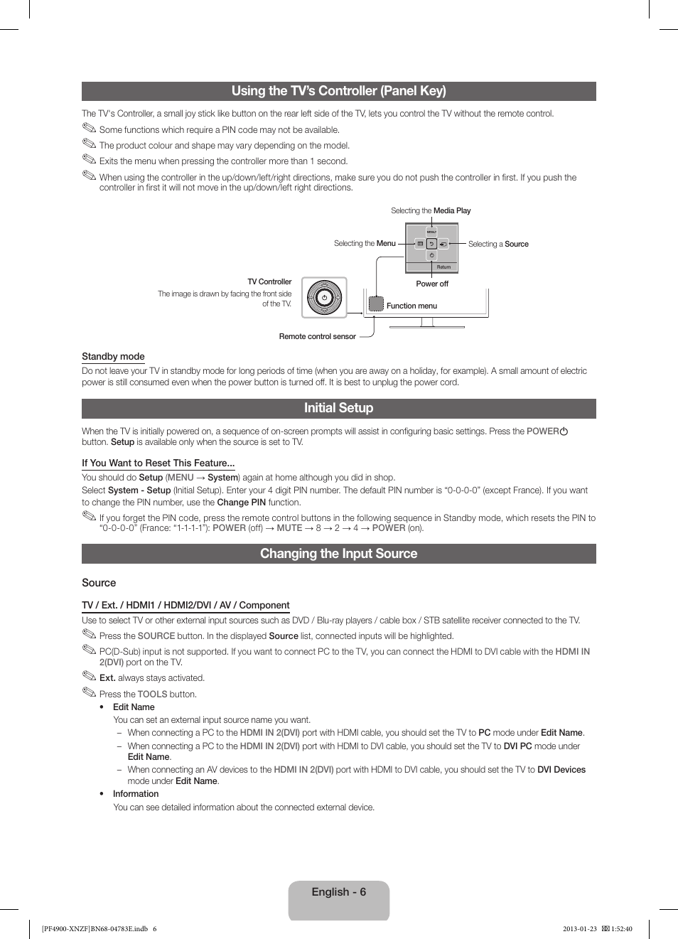 Using the tv’s controller (panel key), Initial setup, Changing the input source | Samsung PS43F4900AW User Manual | Page 6 / 81