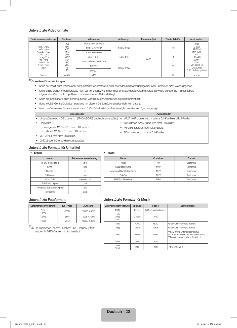 Deutsch - 20 | Samsung PS43F4900AW User Manual | Page 60 / 81
