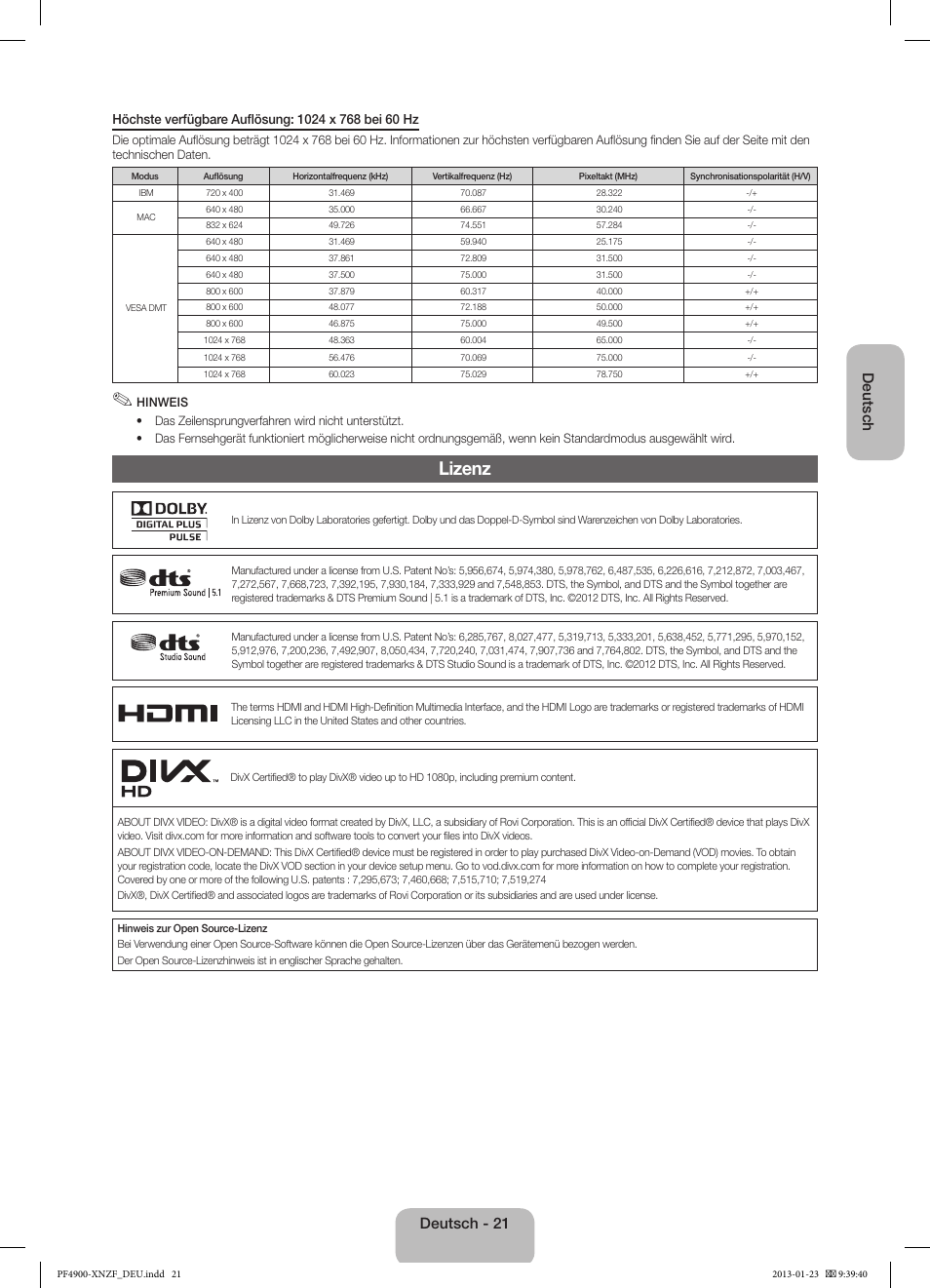 Lizenz, Deutsch, Deutsch - 21 | Samsung PS43F4900AW User Manual | Page 61 / 81