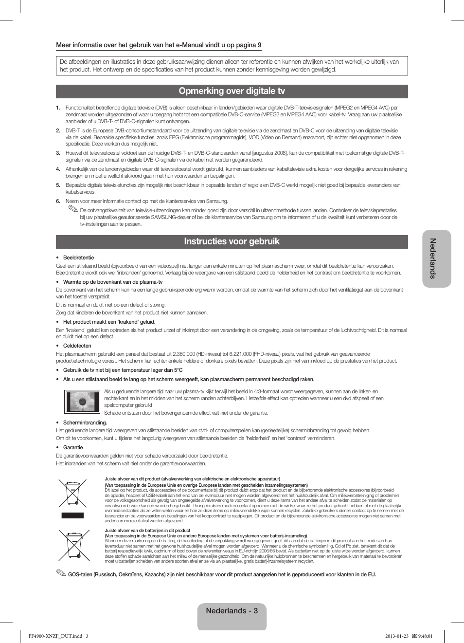 Opmerking over digitale tv, Instructies voor gebruik | Samsung PS43F4900AW User Manual | Page 63 / 81
