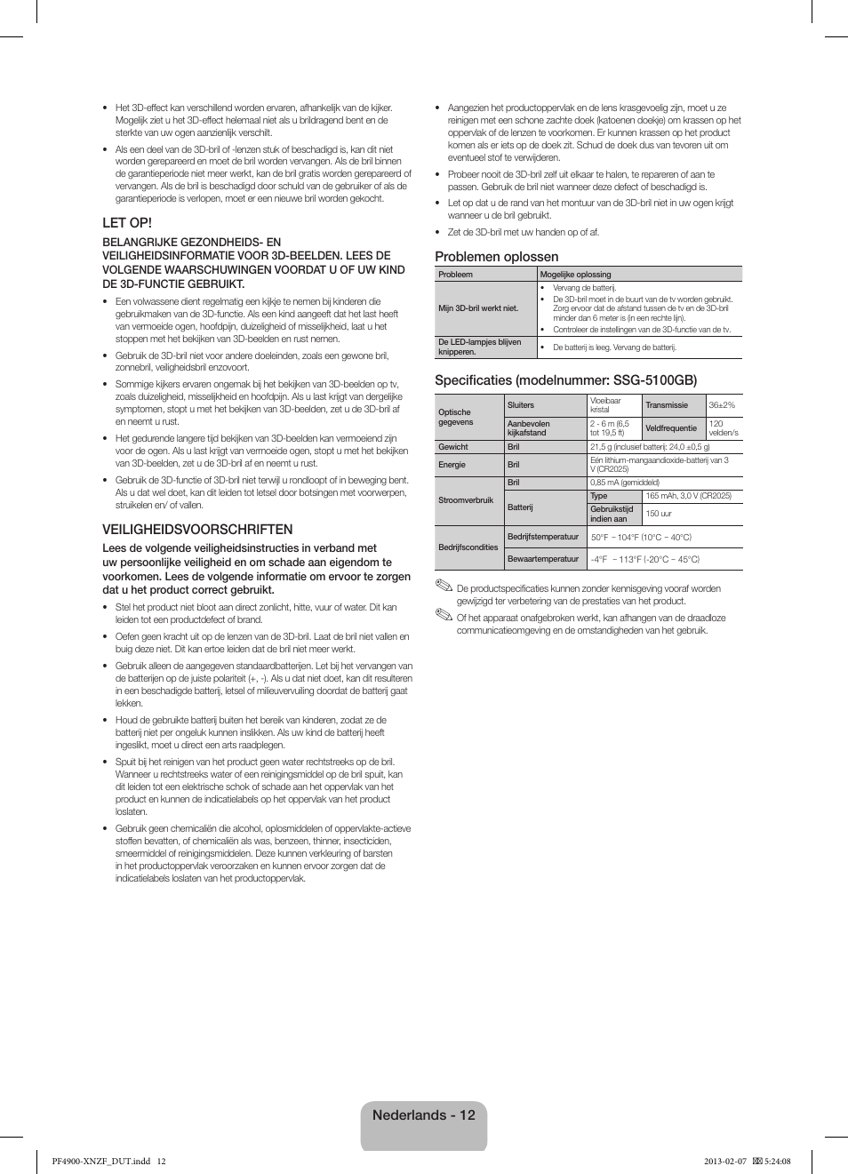 Let op, Veiligheidsvoorschriften, Problemen oplossen | Specificaties (modelnummer: ssg-5100gb), Nederlands - 12 | Samsung PS43F4900AW User Manual | Page 72 / 81