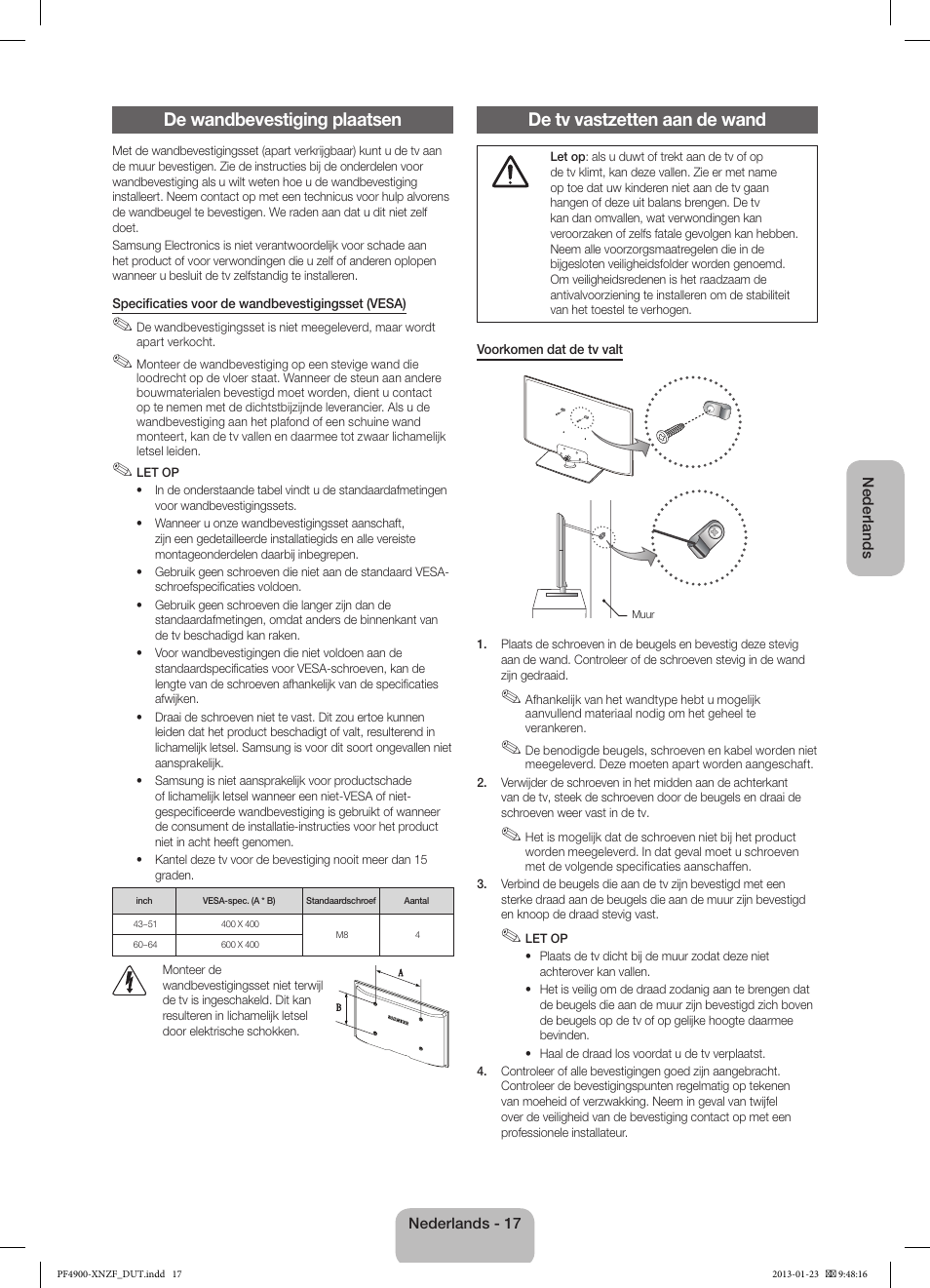 De wandbevestiging plaatsen, De tv vastzetten aan de wand | Samsung PS43F4900AW User Manual | Page 77 / 81