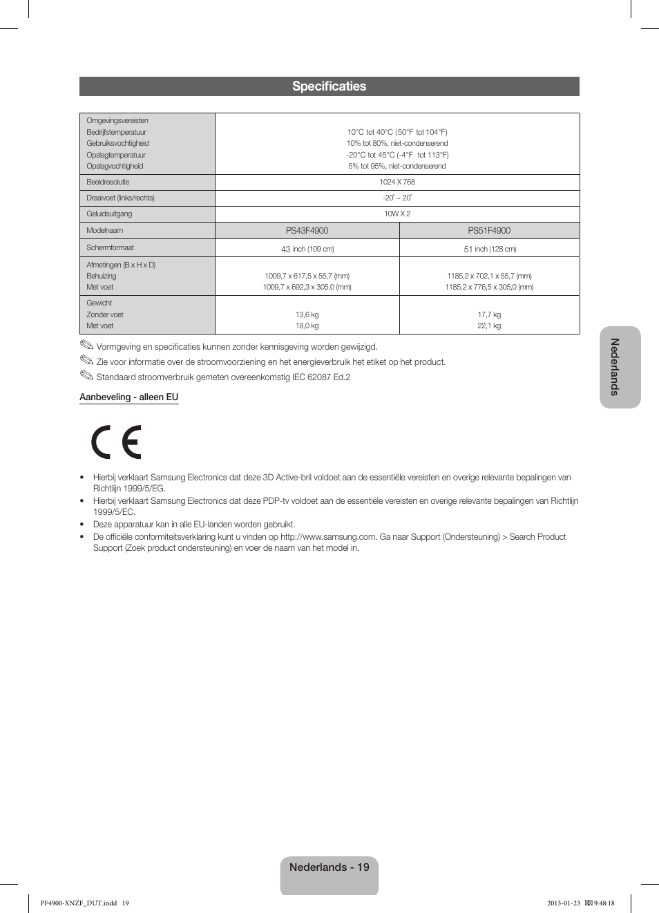 Specificaties | Samsung PS43F4900AW User Manual | Page 79 / 81