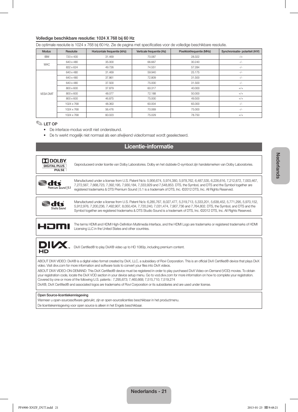 Licentie-informatie, Nederlands, Nederlands - 21 | Samsung PS43F4900AW User Manual | Page 81 / 81