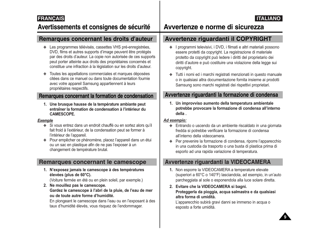 Avertissements et consignes de sécurité, Avvertenze e norme di sicurezza | Samsung VP-X110L User Manual | Page 10 / 129