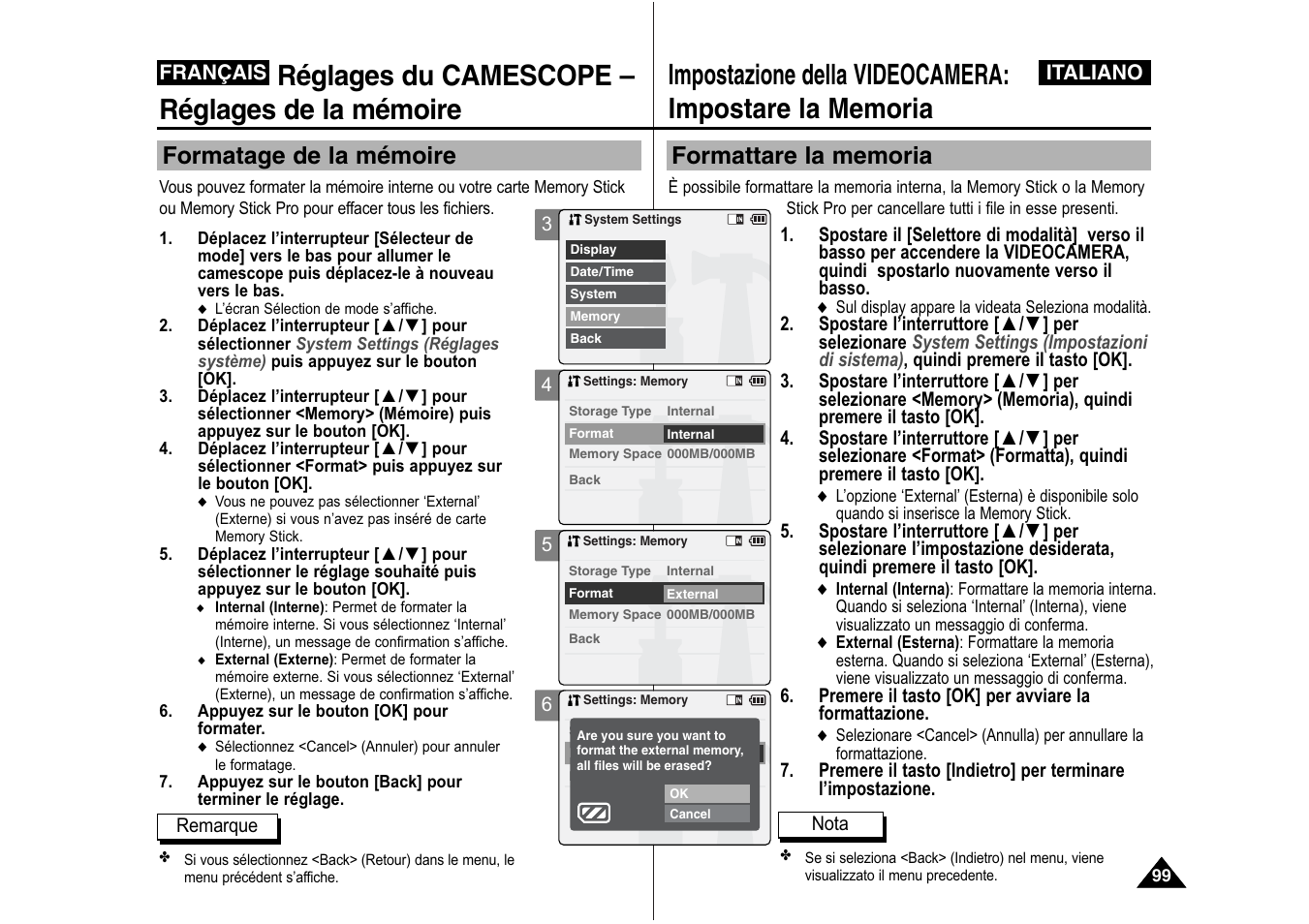 Réglages du camescope – réglages de la mémoire, Formatage de la mémoire | Samsung VP-X110L User Manual | Page 100 / 129