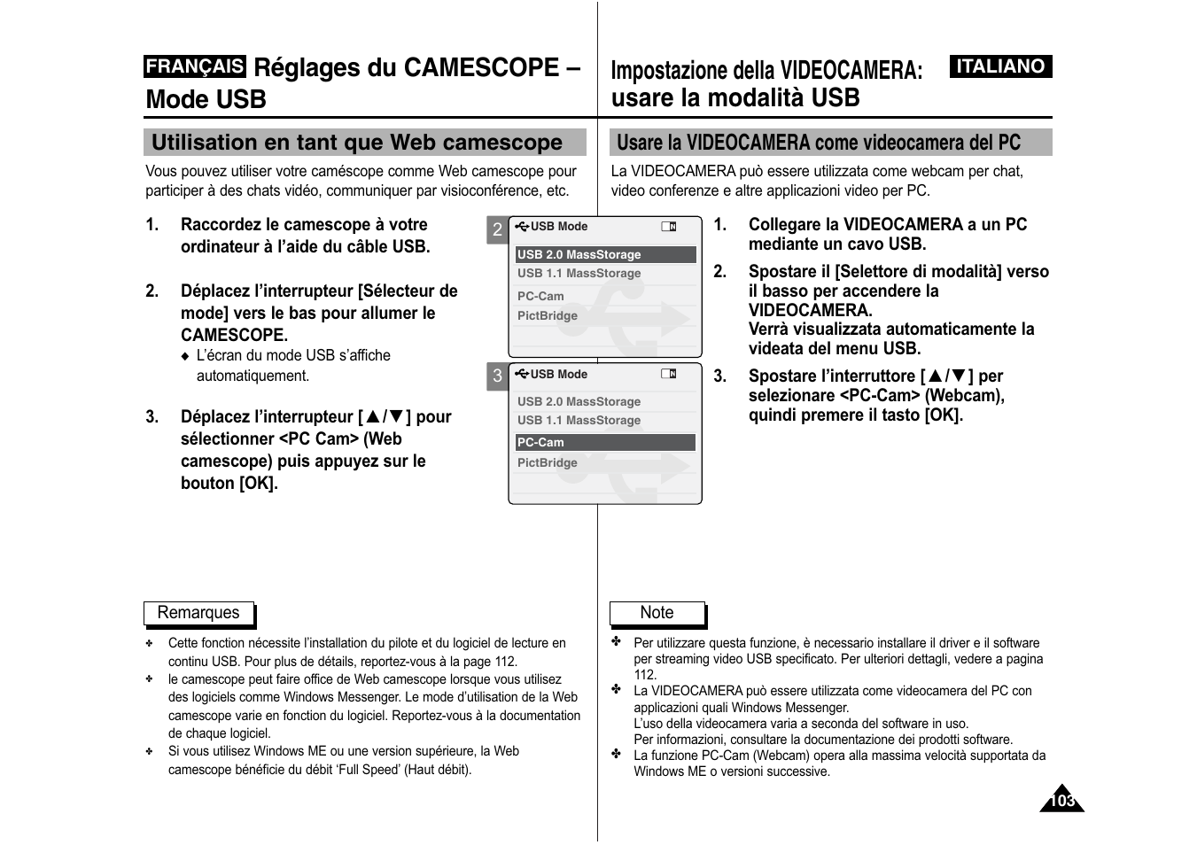 Réglages du camescope – mode usb, Usare la videocamera come videocamera del pc, Utilisation en tant que web camescope | Samsung VP-X110L User Manual | Page 104 / 129