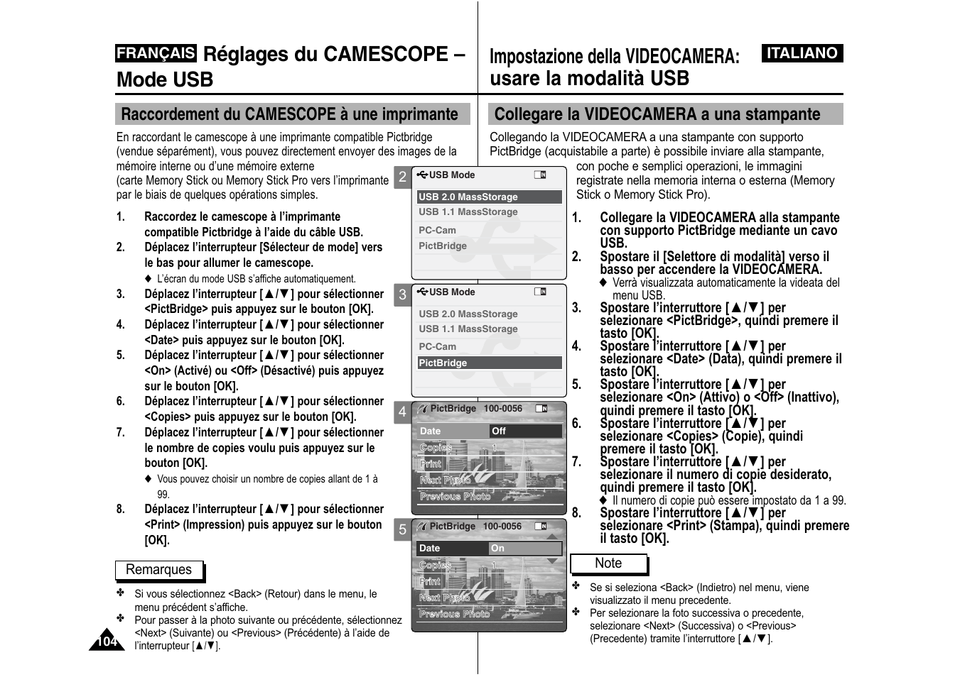 Réglages du camescope – mode usb, Collegare la videocamera a una stampante, Raccordement du camescope à une imprimante | Samsung VP-X110L User Manual | Page 105 / 129