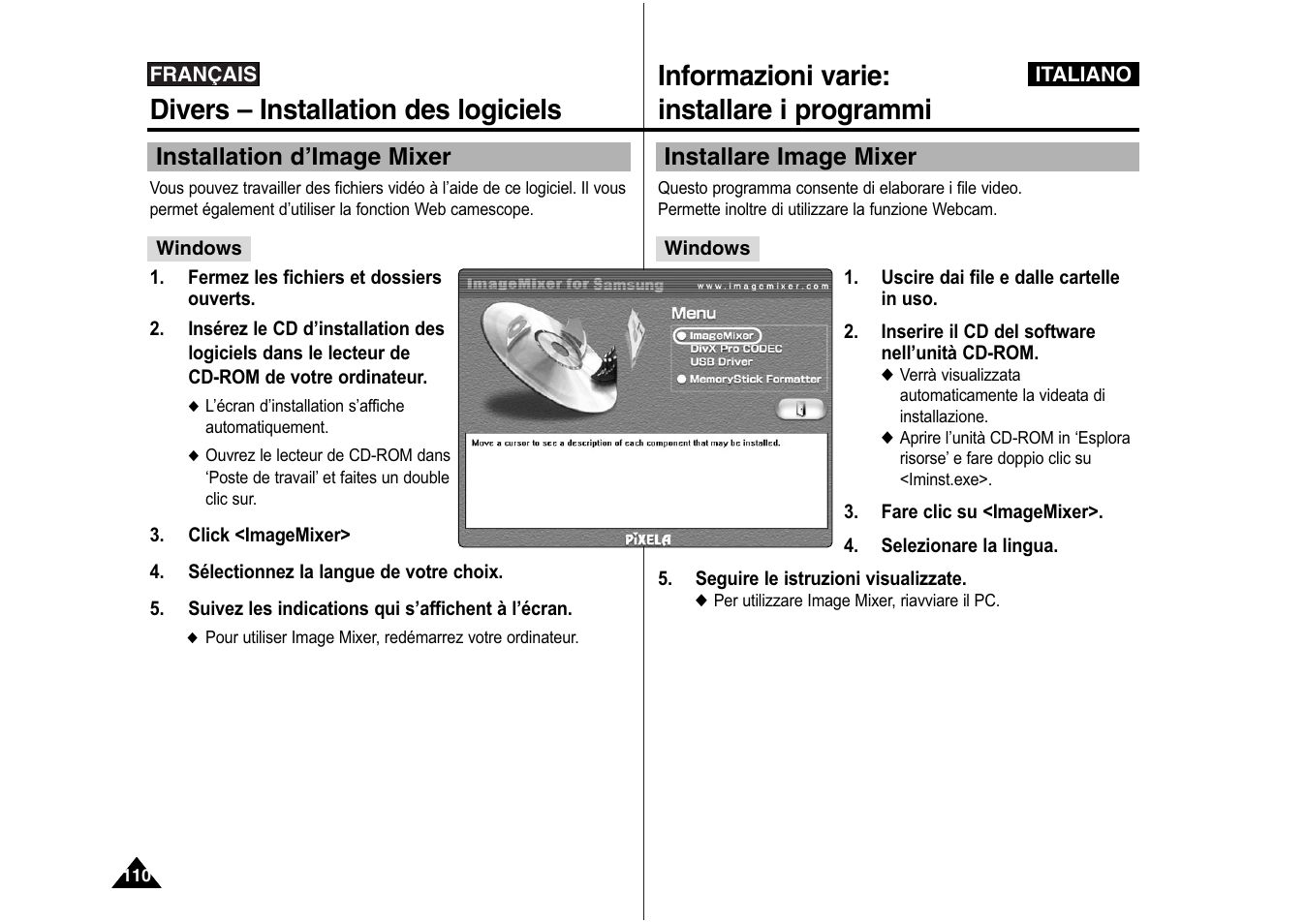 Divers – installation des logiciels, Informazioni varie: installare i programmi | Samsung VP-X110L User Manual | Page 111 / 129