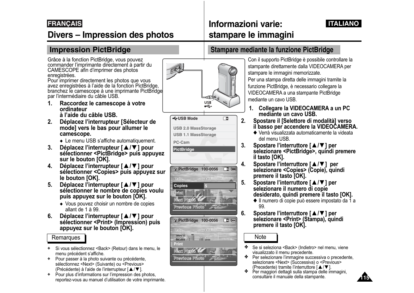 Divers – impression des photos, Informazioni varie: stampare le immagini, Impression pictbridge | Stampare mediante la funzione pictbridge | Samsung VP-X110L User Manual | Page 116 / 129
