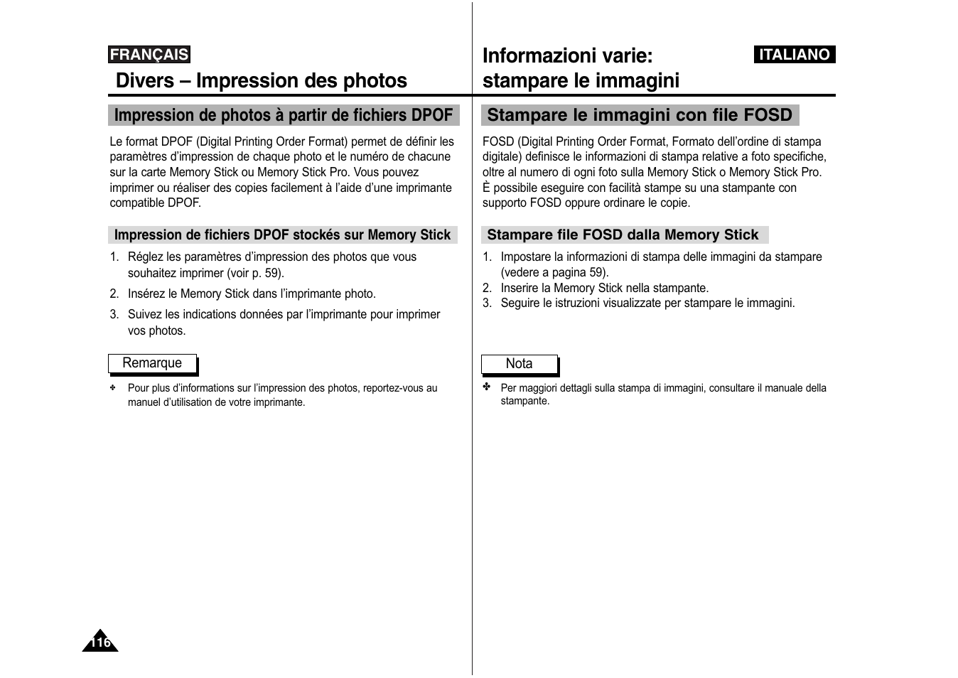 Divers – impression des photos, Informazioni varie: stampare le immagini, Impression de photos à partir de fichiers dpof | Stampare le immagini con file fosd | Samsung VP-X110L User Manual | Page 117 / 129