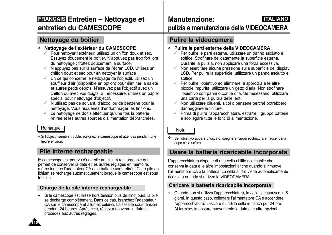 Entretien – nettoyage et entretien du camescope, Nettoyage du boîtier, Pile interne rechargeable | Pulire la videocamera, Usare la batteria ricaricabile incorporata | Samsung VP-X110L User Manual | Page 119 / 129