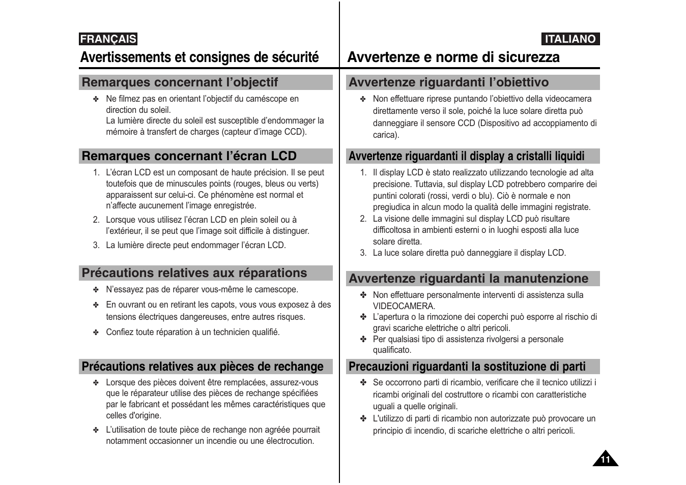 Avertissements et consignes de sécurité, Avvertenze e norme di sicurezza | Samsung VP-X110L User Manual | Page 12 / 129