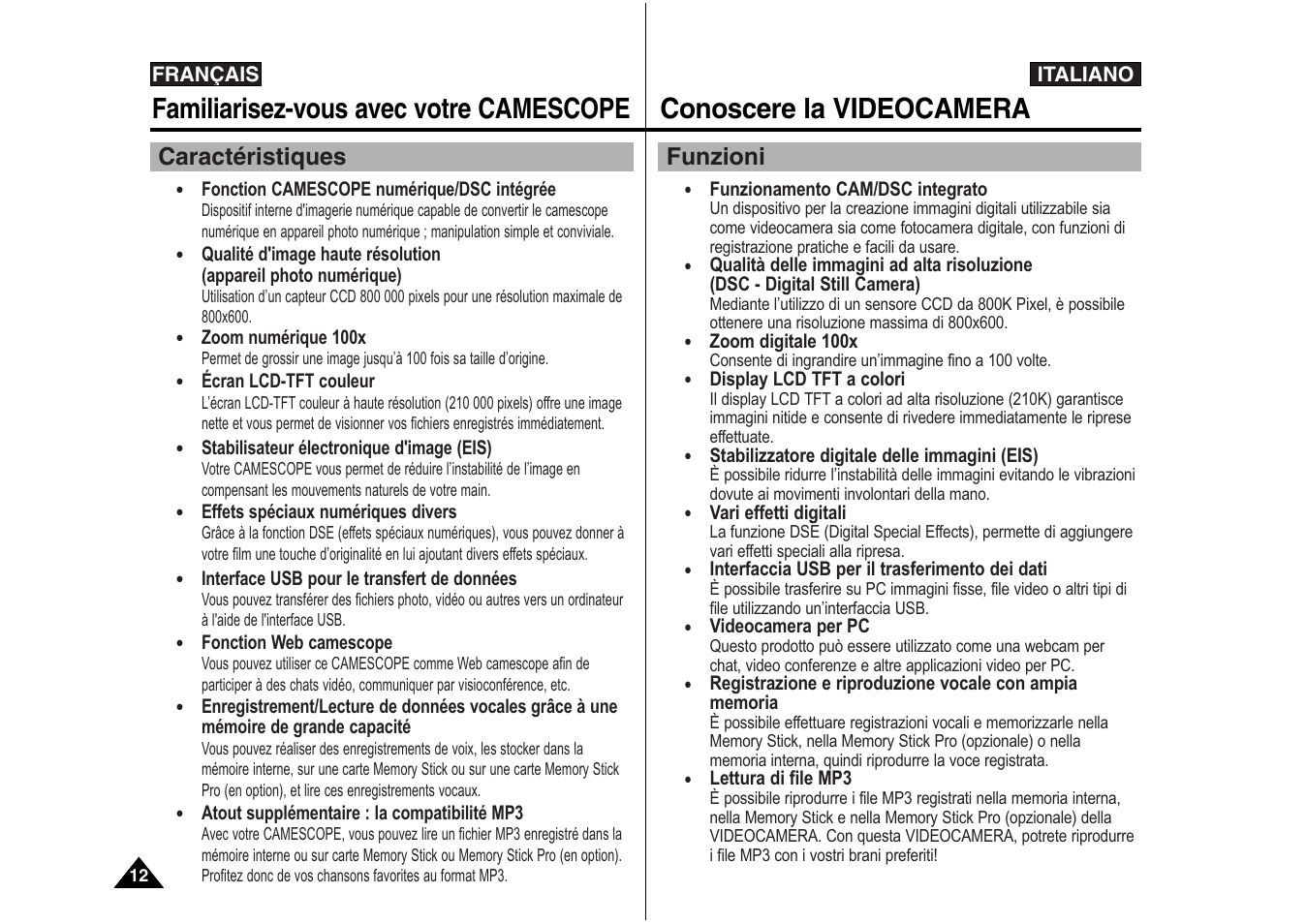 Familiarisez-vous avec votre camescope, Conoscere la videocamera, Caractéristiques | Funzioni, Français, Italiano | Samsung VP-X110L User Manual | Page 13 / 129