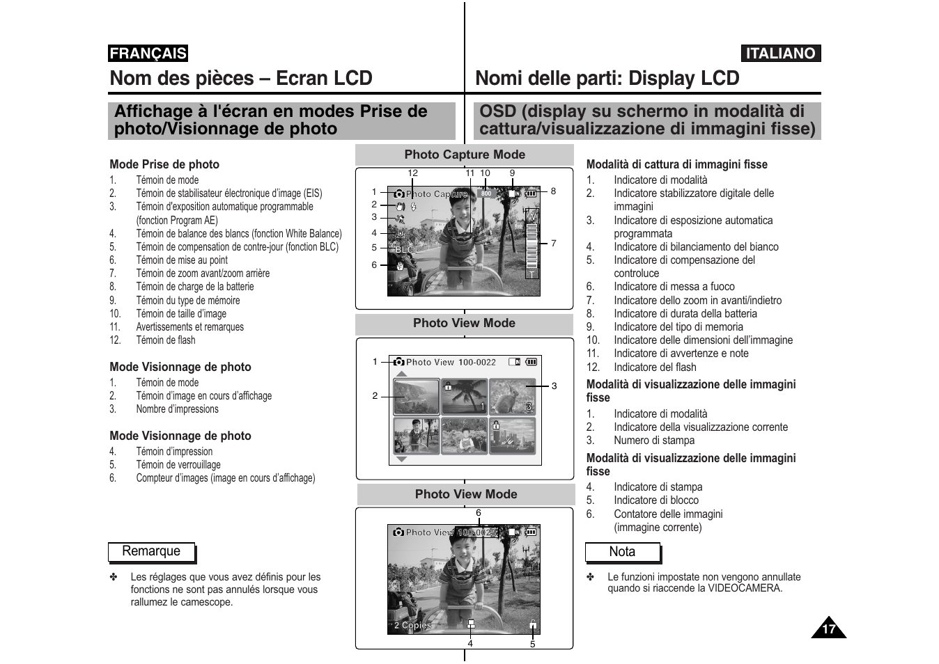 Nom des pièces – ecran lcd, Nomi delle parti: display lcd, Français | Italiano | Samsung VP-X110L User Manual | Page 18 / 129