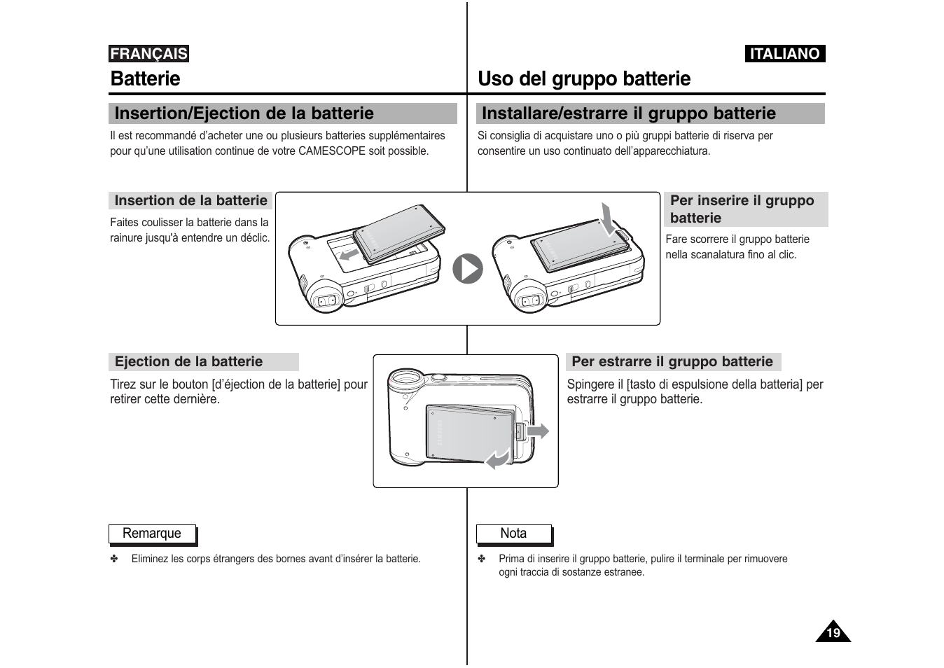Batterie, Uso del gruppo batterie | Samsung VP-X110L User Manual | Page 20 / 129