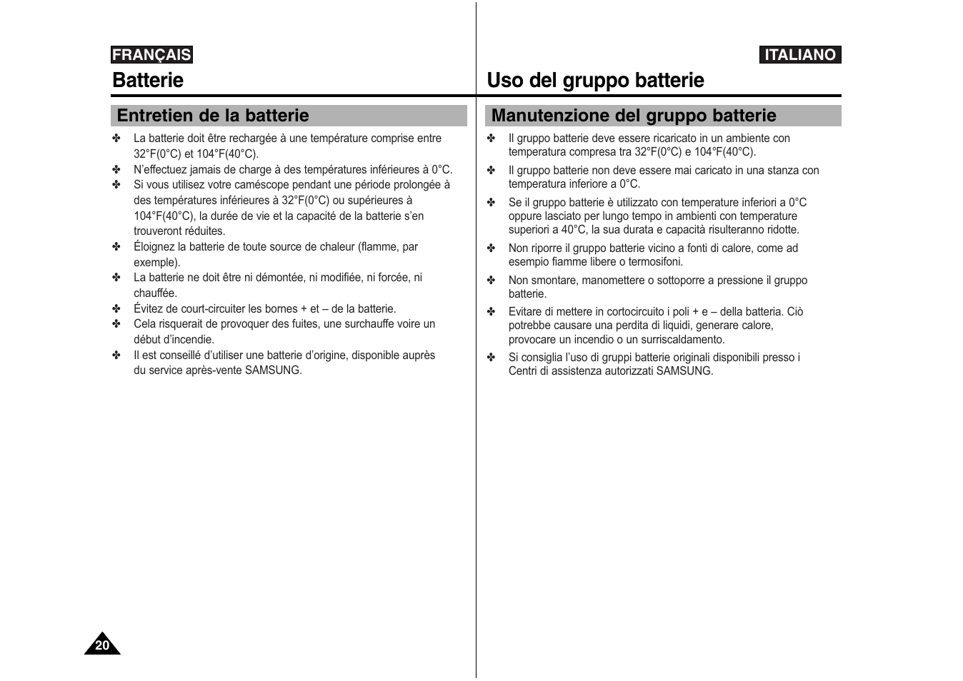 Batterie, Uso del gruppo batterie, Entretien de la batterie | Manutenzione del gruppo batterie | Samsung VP-X110L User Manual | Page 21 / 129