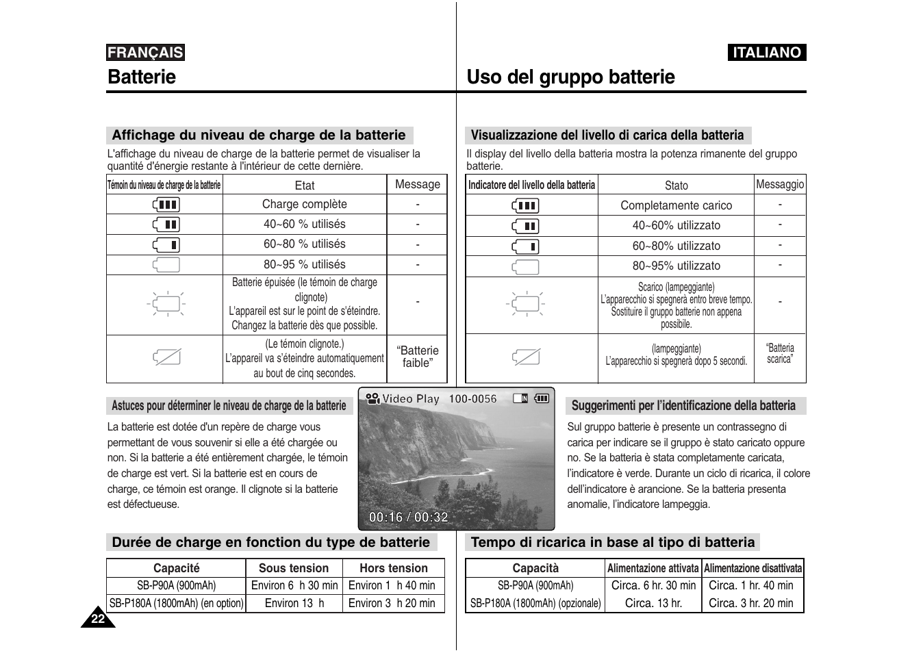 Batterie, Uso del gruppo batterie | Samsung VP-X110L User Manual | Page 23 / 129