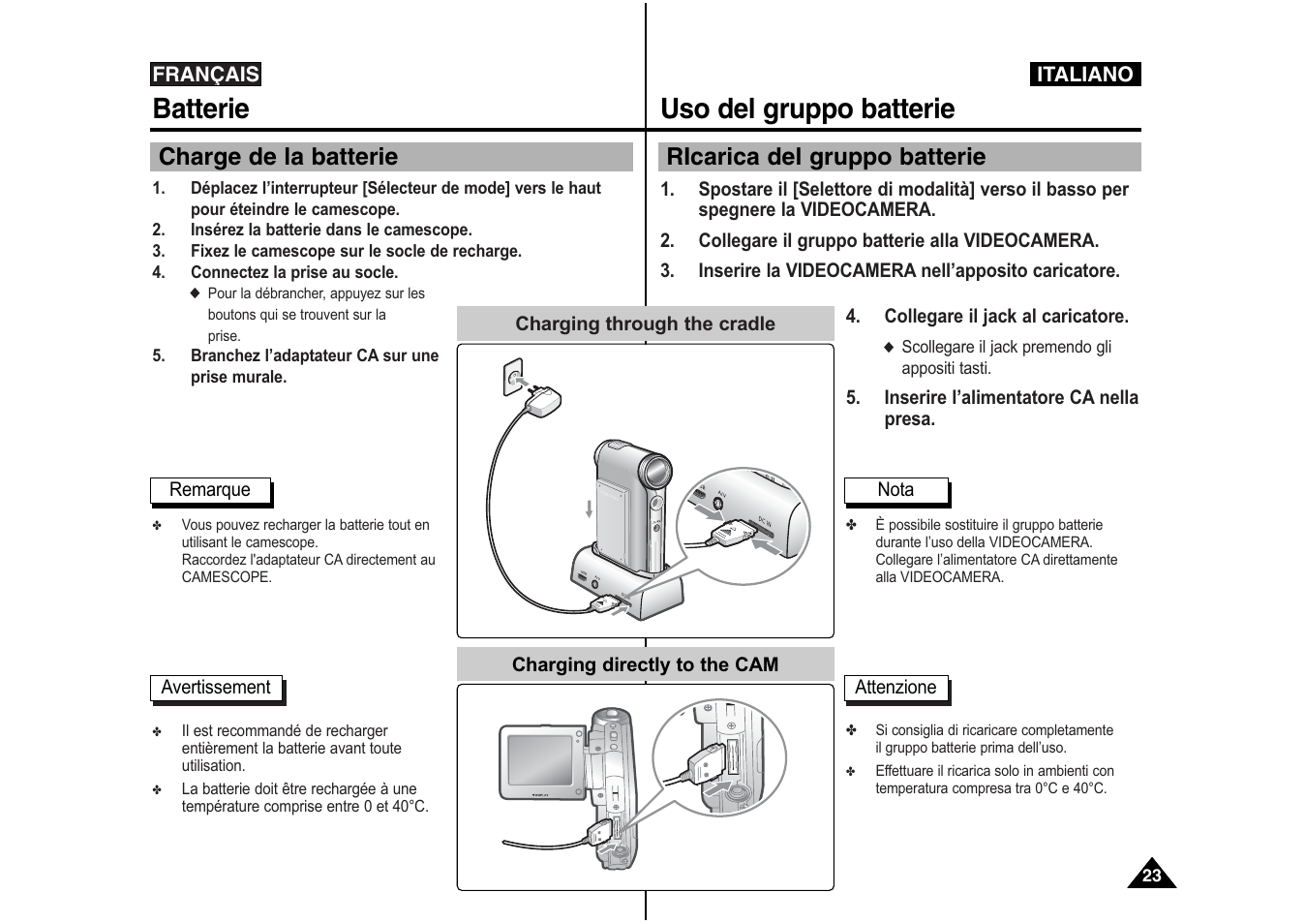 Batterie, Uso del gruppo batterie, Charge de la batterie | Ricarica del gruppo batterie | Samsung VP-X110L User Manual | Page 24 / 129