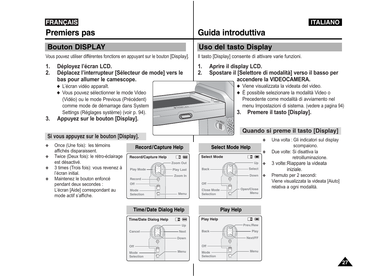 Premiers pas, Guida introduttiva, Bouton display | Uso del tasto display, Français, Italiano, Appuyez sur le bouton [display, Si vous appuyez sur le bouton [display, Premere il tasto [display, Quando si preme il tasto [display | Samsung VP-X110L User Manual | Page 28 / 129