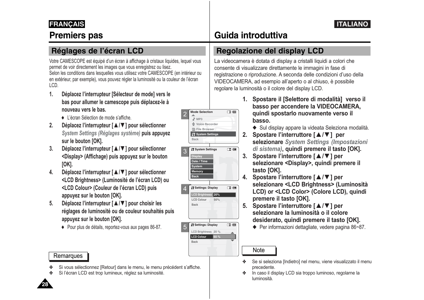 Premiers pas, Guida introduttiva, Réglages de l’écran lcd | Regolazione del display lcd | Samsung VP-X110L User Manual | Page 29 / 129