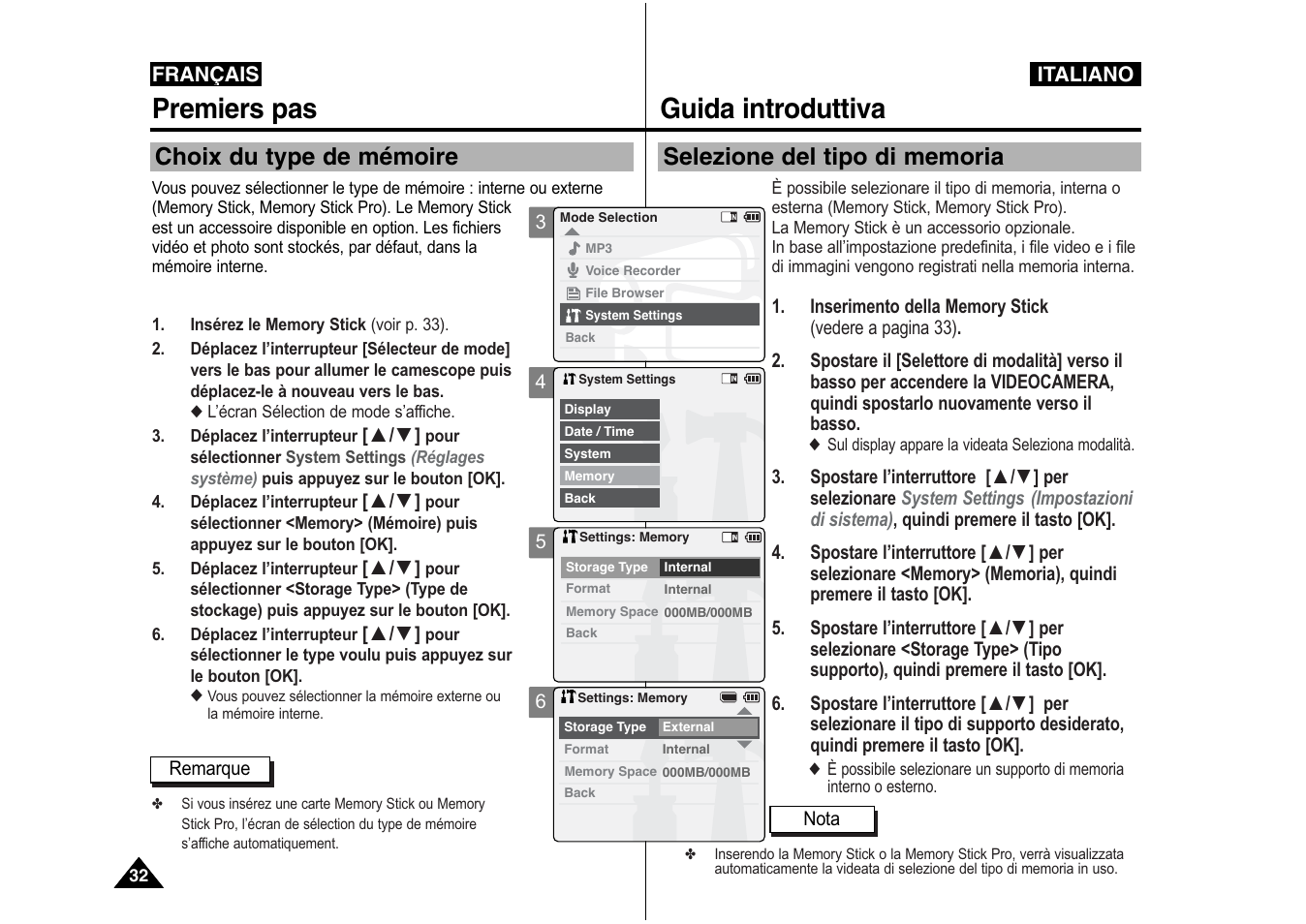 Premiers pas, Guida introduttiva, Choix du type de mémoire | Samsung VP-X110L User Manual | Page 33 / 129