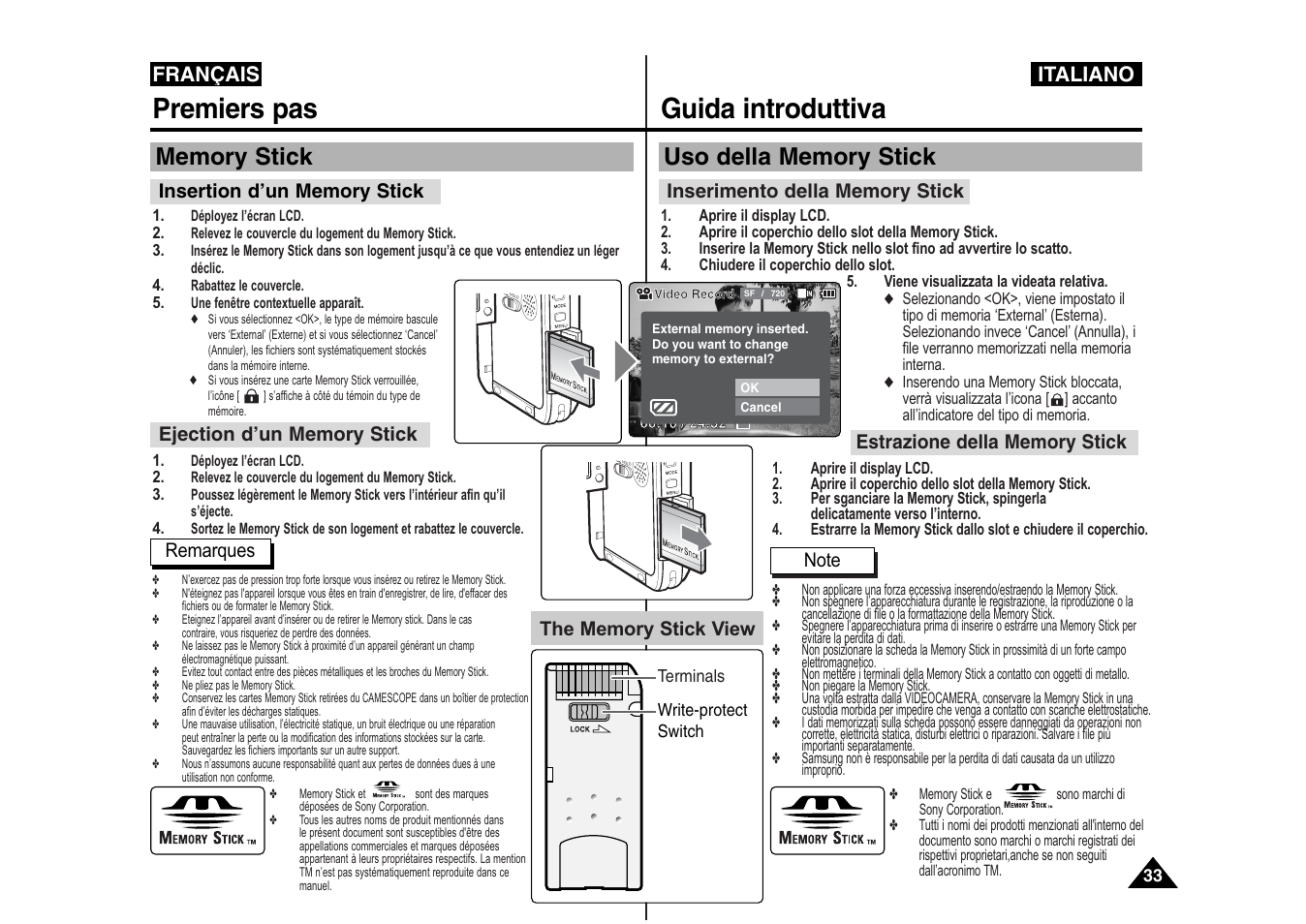 Premiers pas, Guida introduttiva, Français | Italiano | Samsung VP-X110L User Manual | Page 34 / 129