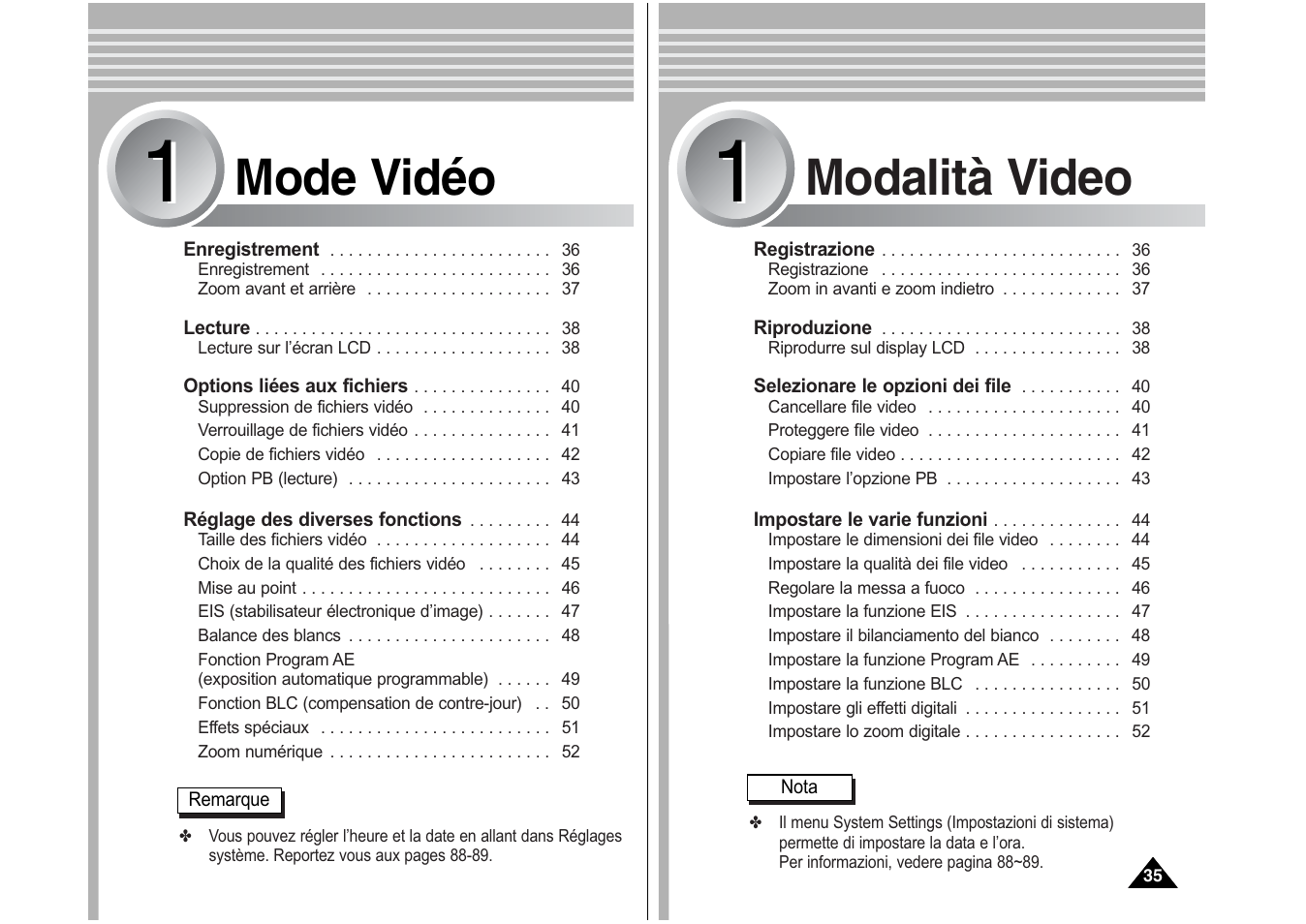 Mode vidéo, Modalità video | Samsung VP-X110L User Manual | Page 36 / 129