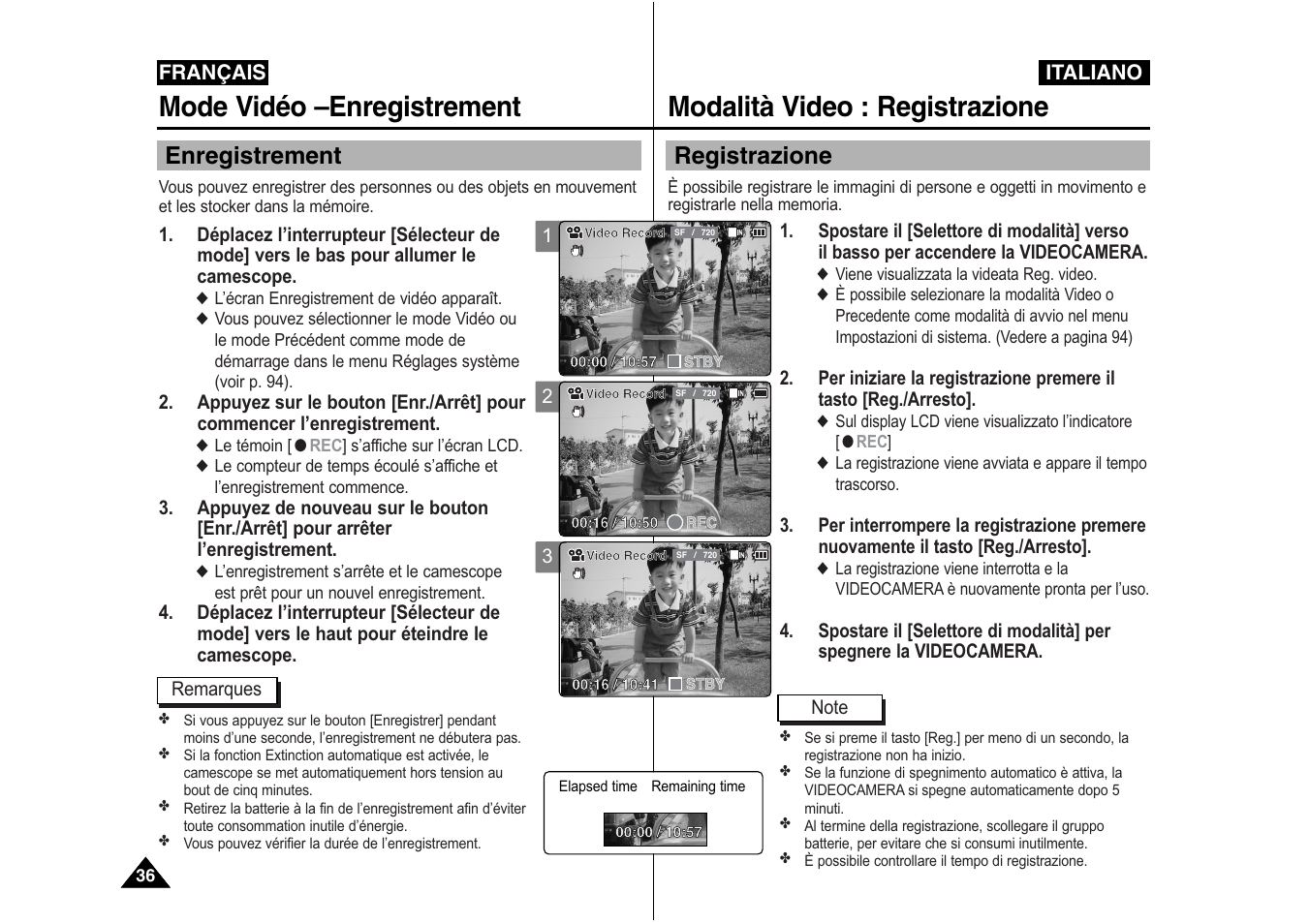 Modalità video : registrazione, Mode vidéo –enregistrement, Registrazione | Enregistrement | Samsung VP-X110L User Manual | Page 37 / 129