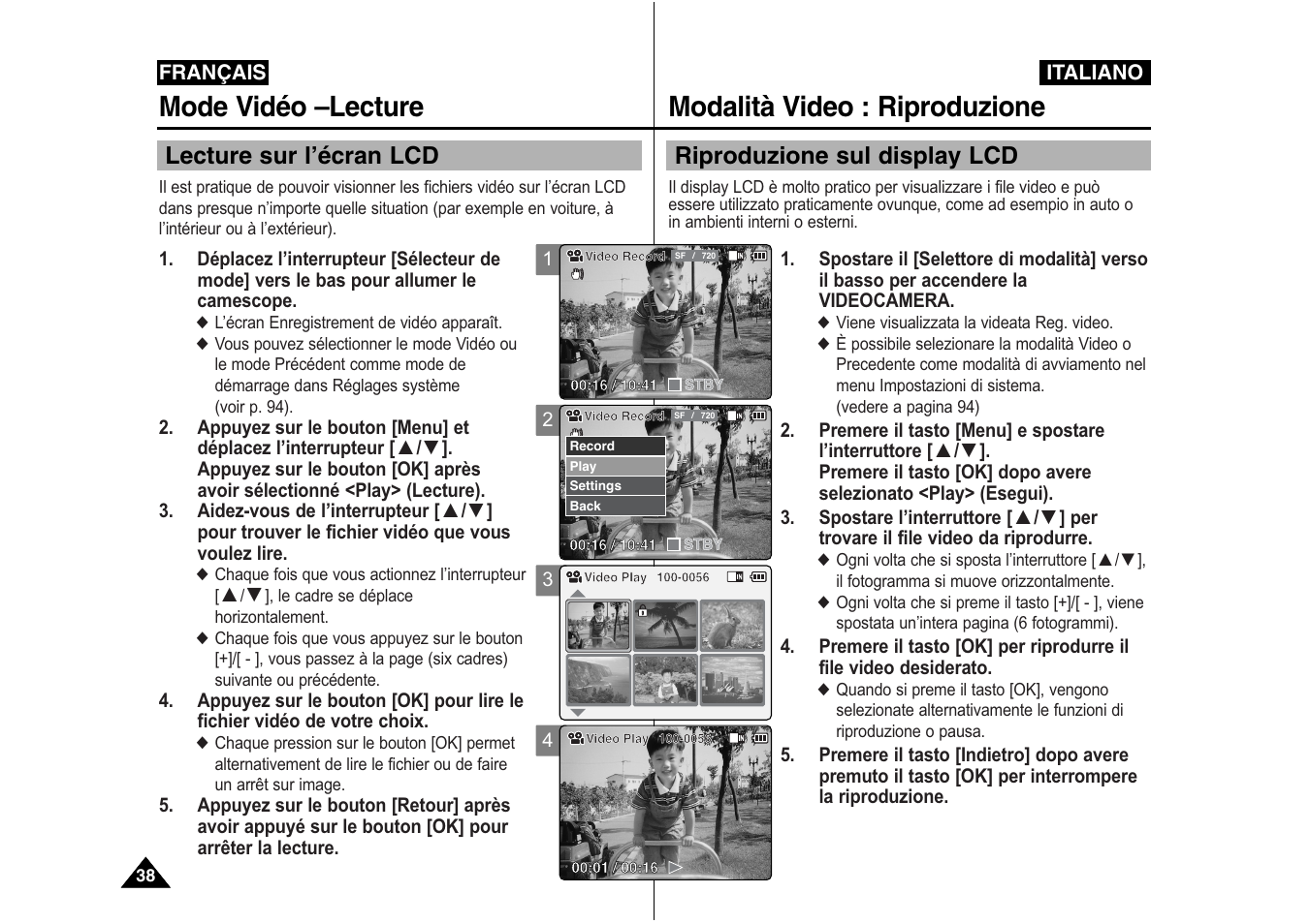 Modalità video : riproduzione, Mode vidéo –lecture, Riproduzione sul display lcd | Lecture sur l’écran lcd | Samsung VP-X110L User Manual | Page 39 / 129