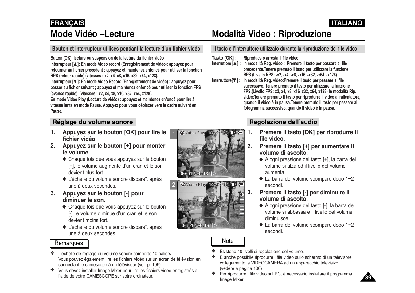 Modalità video : riproduzione, Mode vidéo –lecture | Samsung VP-X110L User Manual | Page 40 / 129