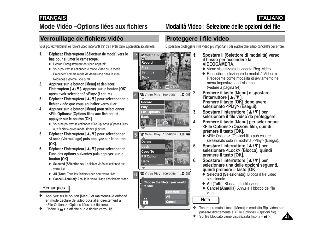 Modalità video : selezione delle opzioni dei file, Mode vidéo –options liées aux fichiers, Proteggere i file video | Verrouillage de fichiers vidéo | Samsung VP-X110L User Manual | Page 42 / 129