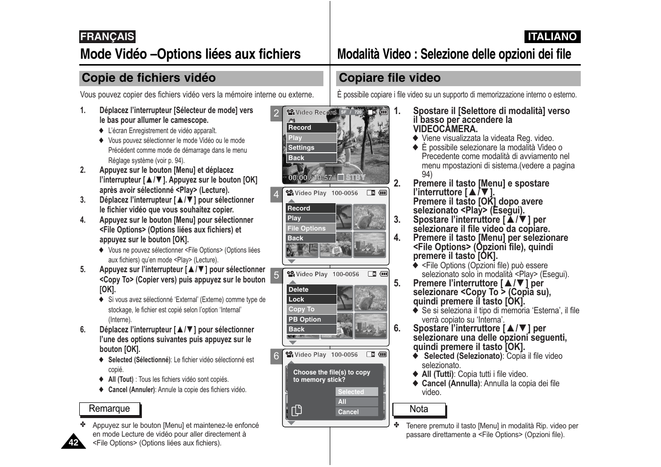 Modalità video : selezione delle opzioni dei file, Mode vidéo –options liées aux fichiers, Copiare file video | Copie de fichiers vidéo | Samsung VP-X110L User Manual | Page 43 / 129