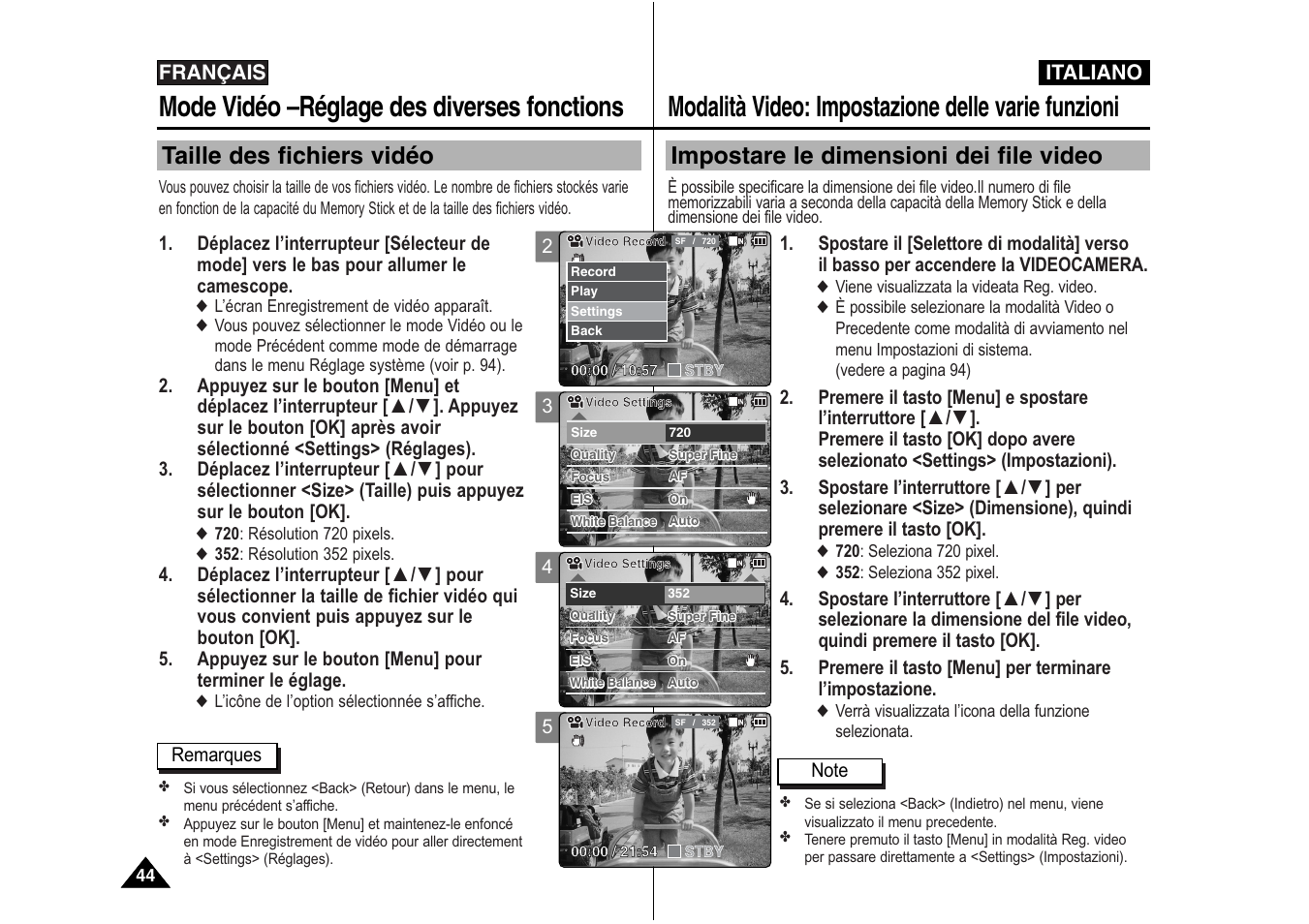 Modalità video: impostazione delle varie funzioni, Mode vidéo –réglage des diverses fonctions, Impostare le dimensioni dei file video | Taille des fichiers vidéo | Samsung VP-X110L User Manual | Page 45 / 129