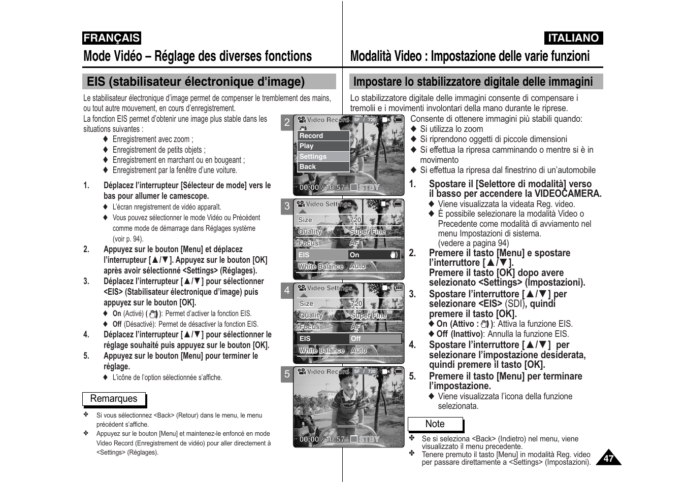 Modalità video : impostazione delle varie funzioni, Mode vidéo – réglage des diverses fonctions, Eis (stabilisateur électronique d'image) | Italiano, Français | Samsung VP-X110L User Manual | Page 48 / 129