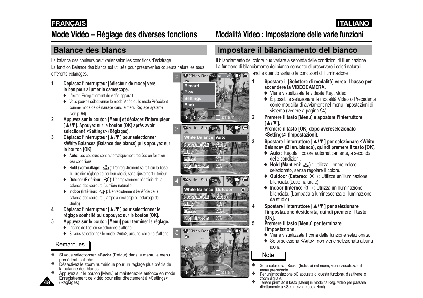 Modalità video : impostazione delle varie funzioni, Mode vidéo – réglage des diverses fonctions, Impostare il bilanciamento del bianco | Balance des blancs, Italiano, Français | Samsung VP-X110L User Manual | Page 49 / 129
