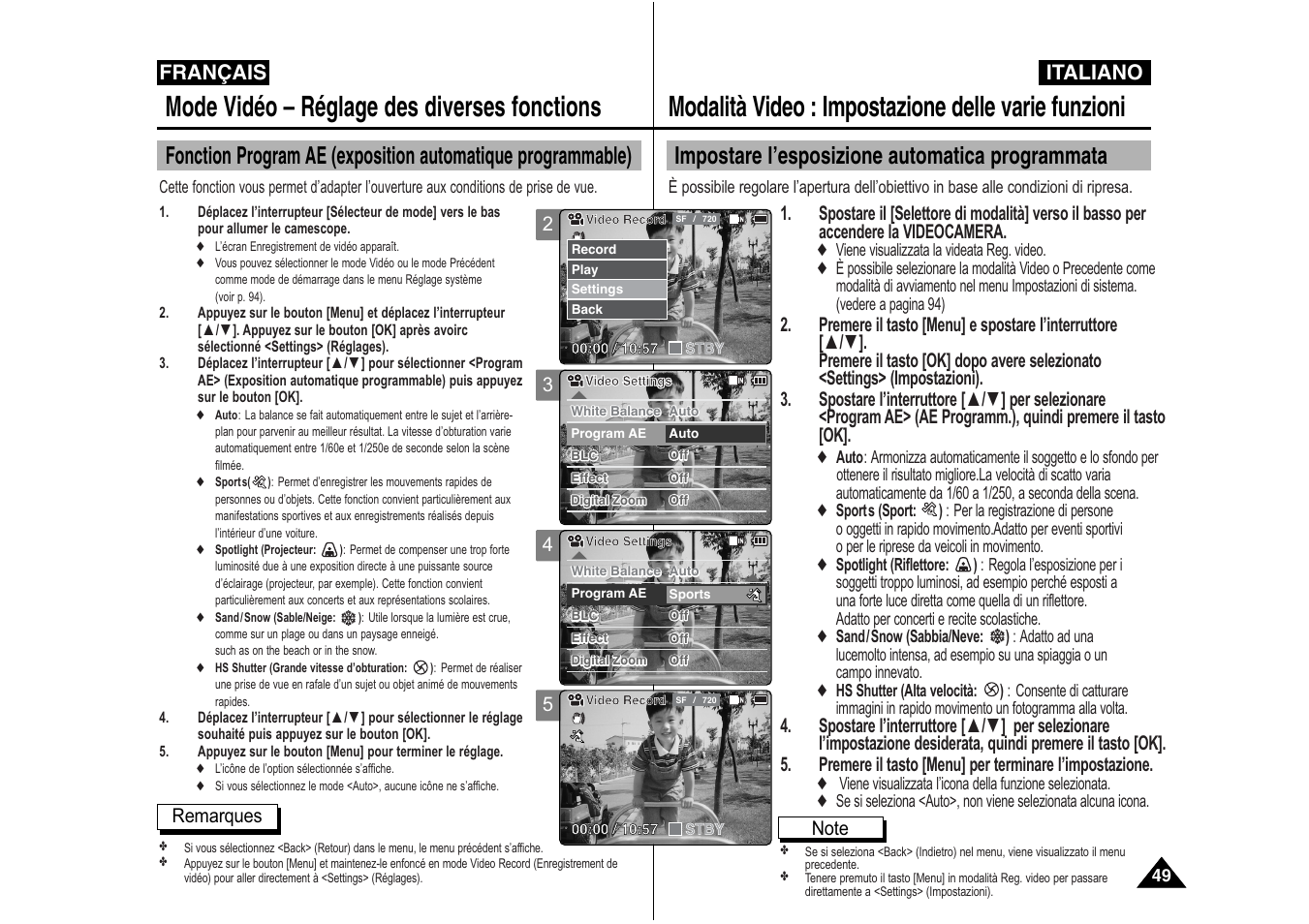 Modalità video : impostazione delle varie funzioni, Mode vidéo – réglage des diverses fonctions, Impostare l’esposizione automatica programmata | Italiano, Français | Samsung VP-X110L User Manual | Page 50 / 129