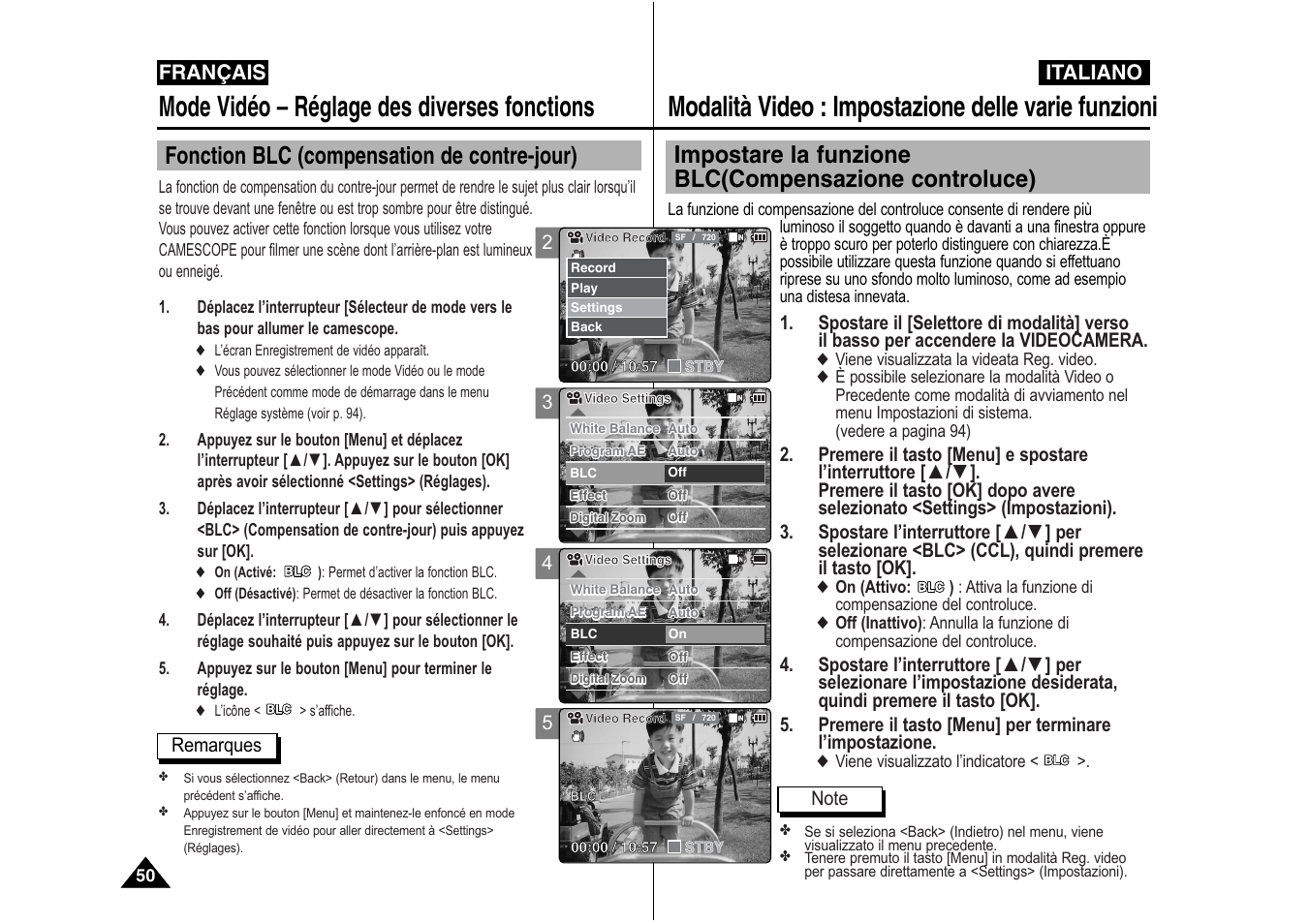 Modalità video : impostazione delle varie funzioni, Mode vidéo – réglage des diverses fonctions, Fonction blc (compensation de contre-jour) | Italiano, Français | Samsung VP-X110L User Manual | Page 51 / 129