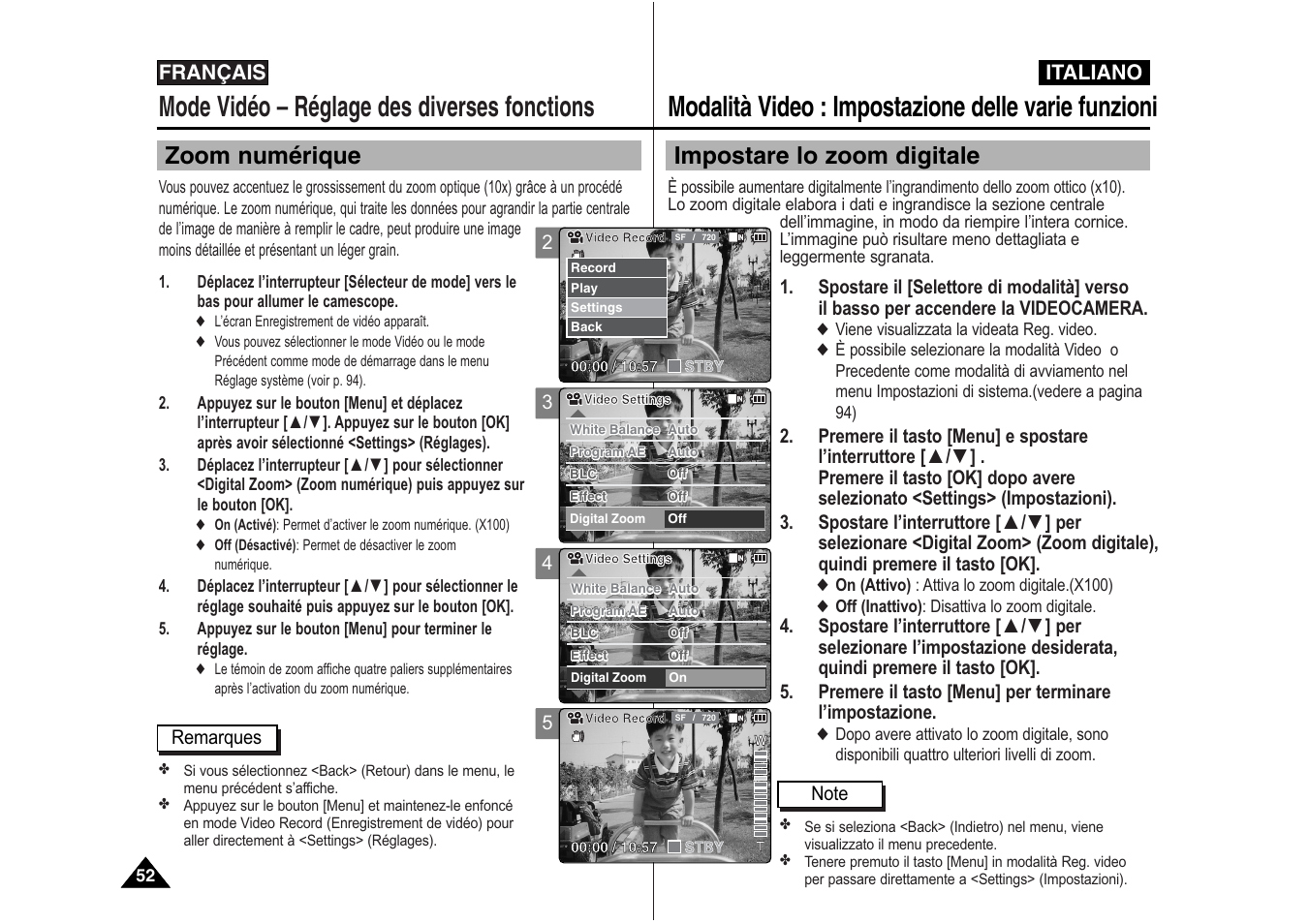 Modalità video : impostazione delle varie funzioni, Mode vidéo – réglage des diverses fonctions, Impostare lo zoom digitale | Zoom numérique, Italiano, Français | Samsung VP-X110L User Manual | Page 53 / 129