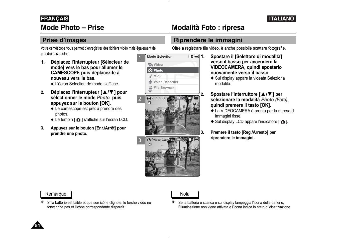 Modalità foto : ripresa, Mode photo – prise, Riprendere le immagini | Prise d’images | Samsung VP-X110L User Manual | Page 55 / 129