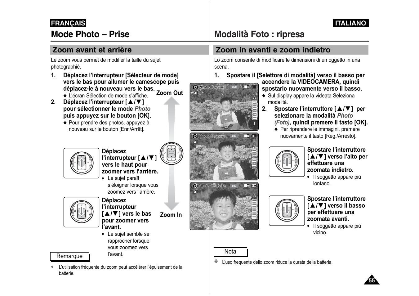 Modalità foto : ripresa, Mode photo – prise, Zoom in avanti e zoom indietro | Zoom avant et arrière | Samsung VP-X110L User Manual | Page 56 / 129