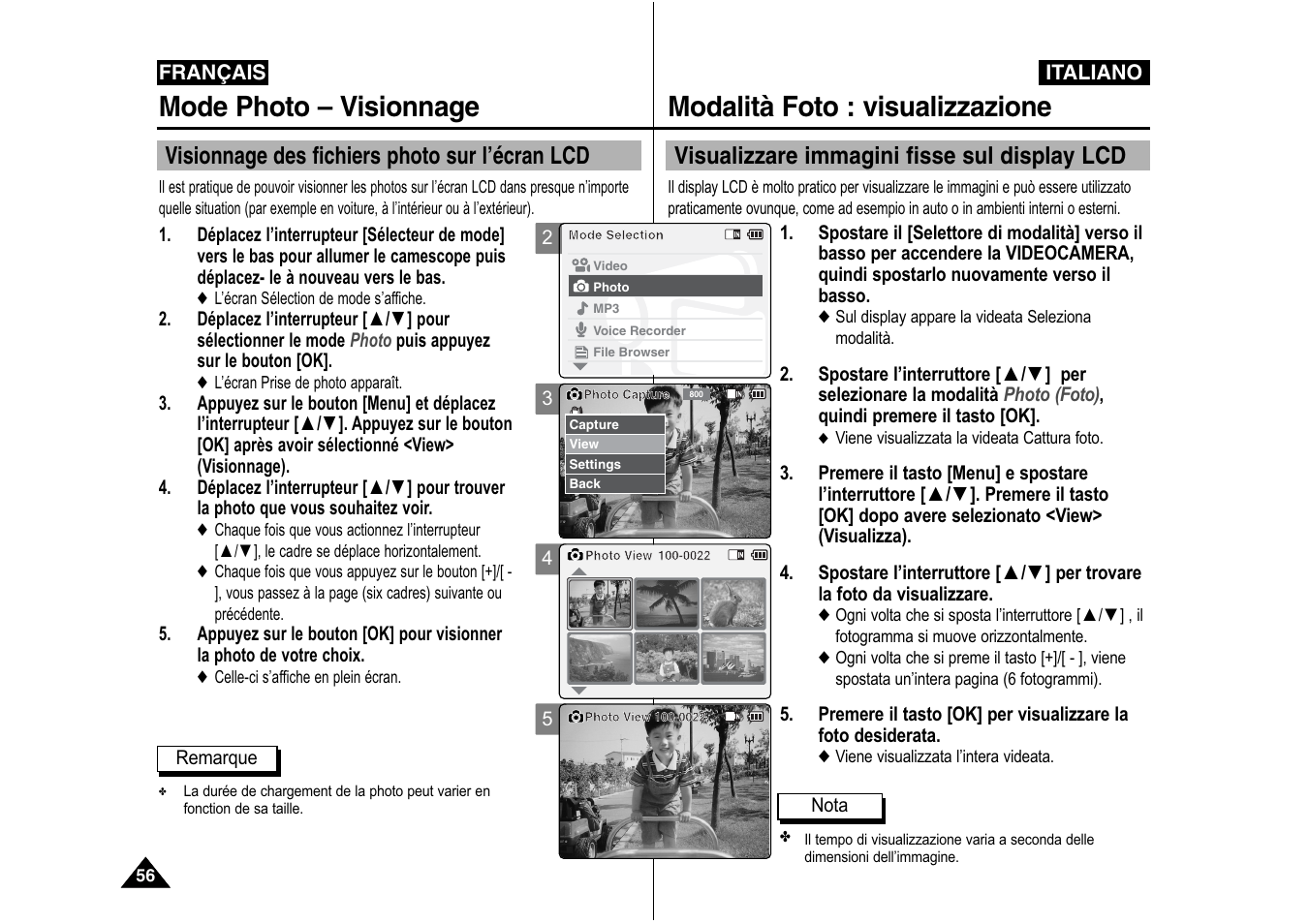 Modalità foto : visualizzazione, Mode photo – visionnage, Visualizzare immagini fisse sul display lcd | Visionnage des fichiers photo sur l’écran lcd | Samsung VP-X110L User Manual | Page 57 / 129