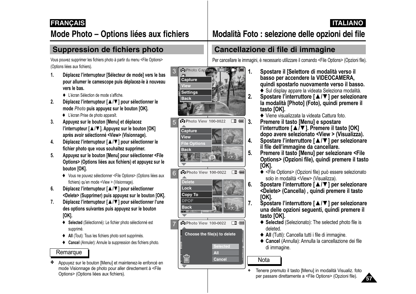 Modalità foto : selezione delle opzioni dei file, Mode photo – options liées aux fichiers, Cancellazione di file di immagine | Suppression de fichiers photo | Samsung VP-X110L User Manual | Page 58 / 129