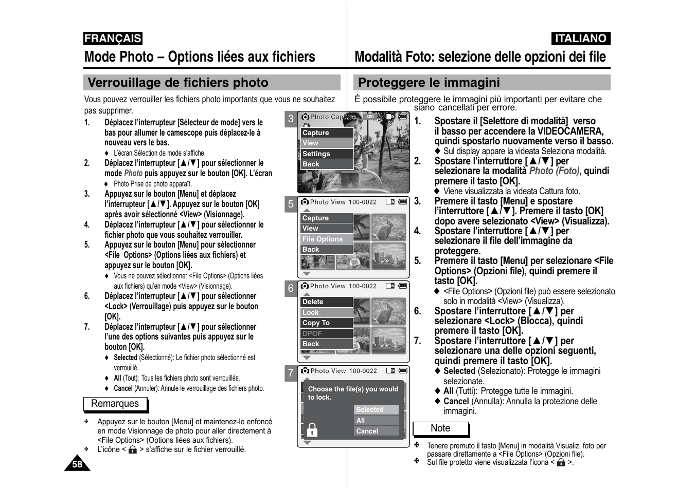 Modalità foto: selezione delle opzioni dei file, Mode photo – options liées aux fichiers, Proteggere le immagini | Verrouillage de fichiers photo | Samsung VP-X110L User Manual | Page 59 / 129