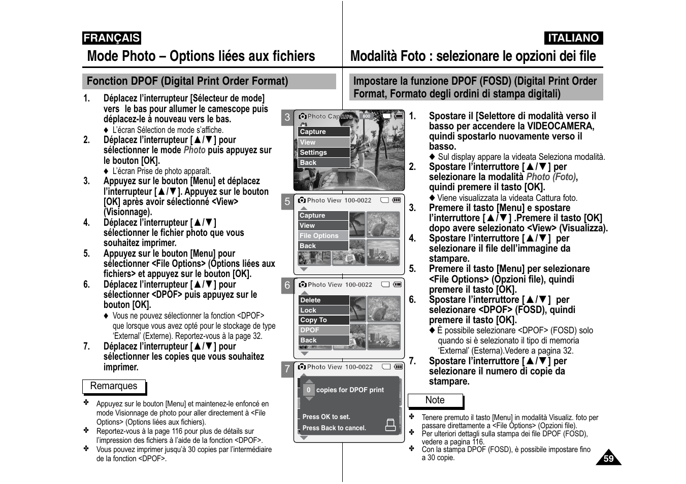 Modalità foto : selezionare le opzioni dei file, Mode photo – options liées aux fichiers | Samsung VP-X110L User Manual | Page 60 / 129
