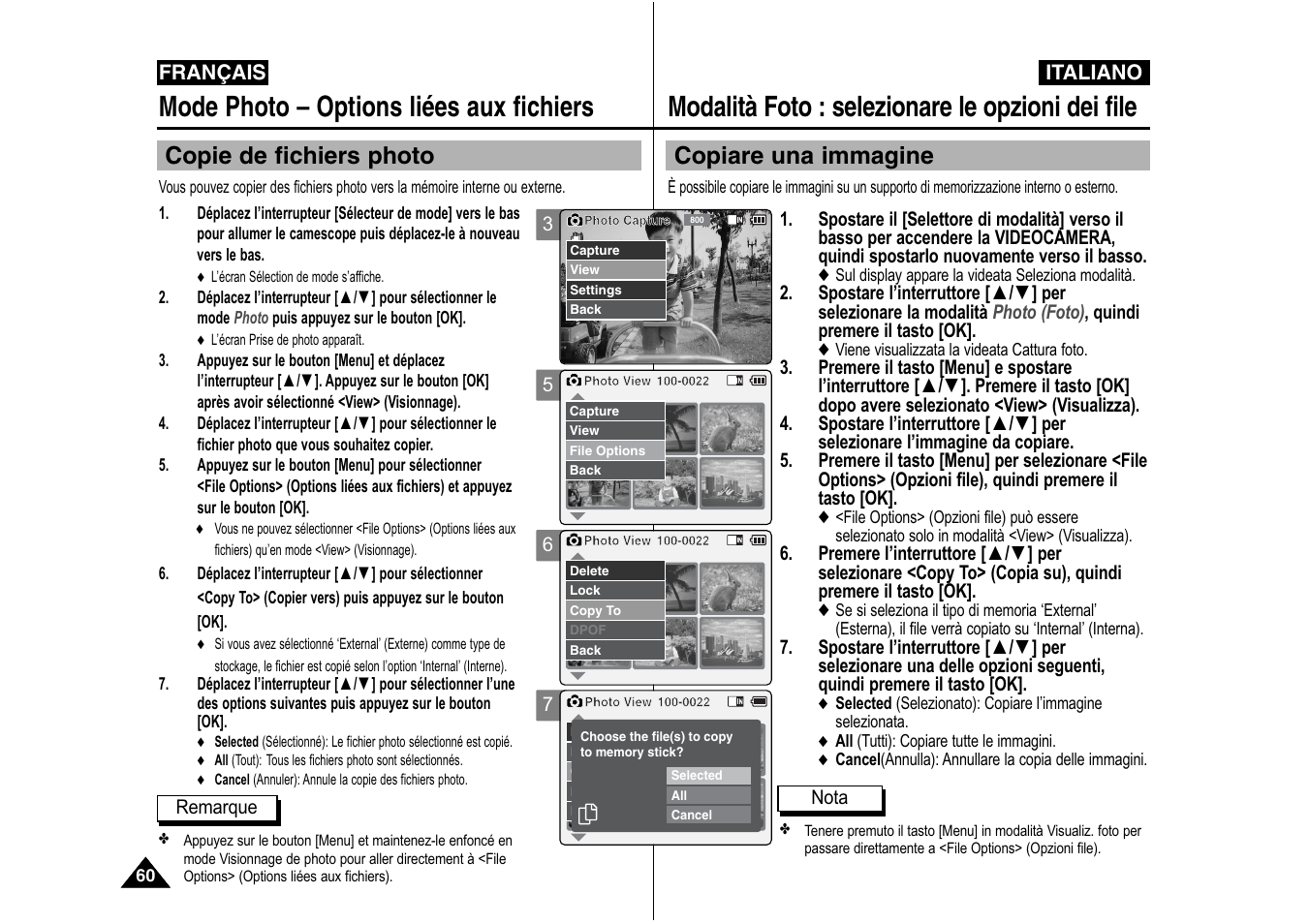 Modalità foto : selezionare le opzioni dei file, Mode photo – options liées aux fichiers, Copiare una immagine | Copie de fichiers photo | Samsung VP-X110L User Manual | Page 61 / 129