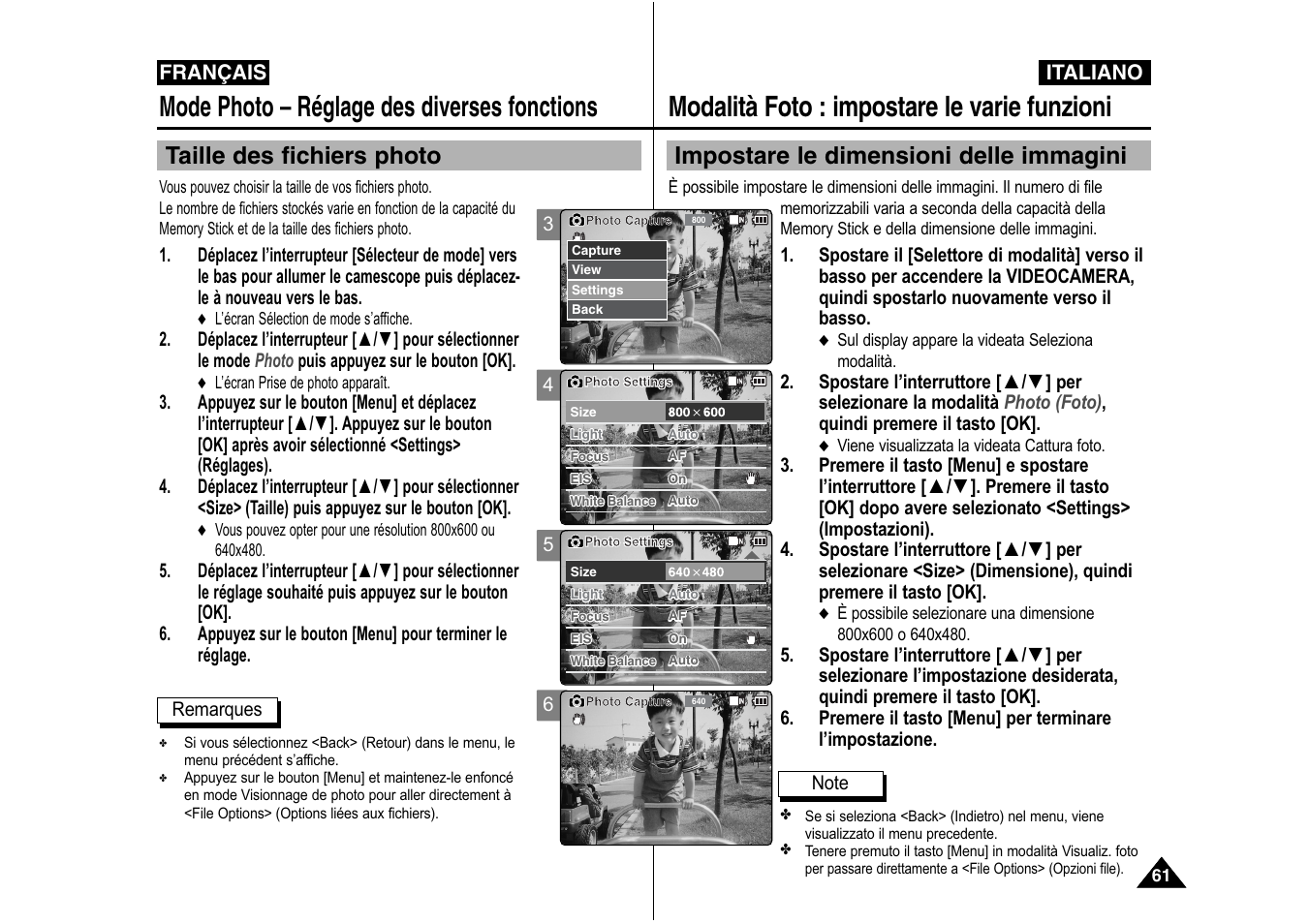 Modalità foto : impostare le varie funzioni, Mode photo – réglage des diverses fonctions, Impostare le dimensioni delle immagini | Taille des fichiers photo | Samsung VP-X110L User Manual | Page 62 / 129